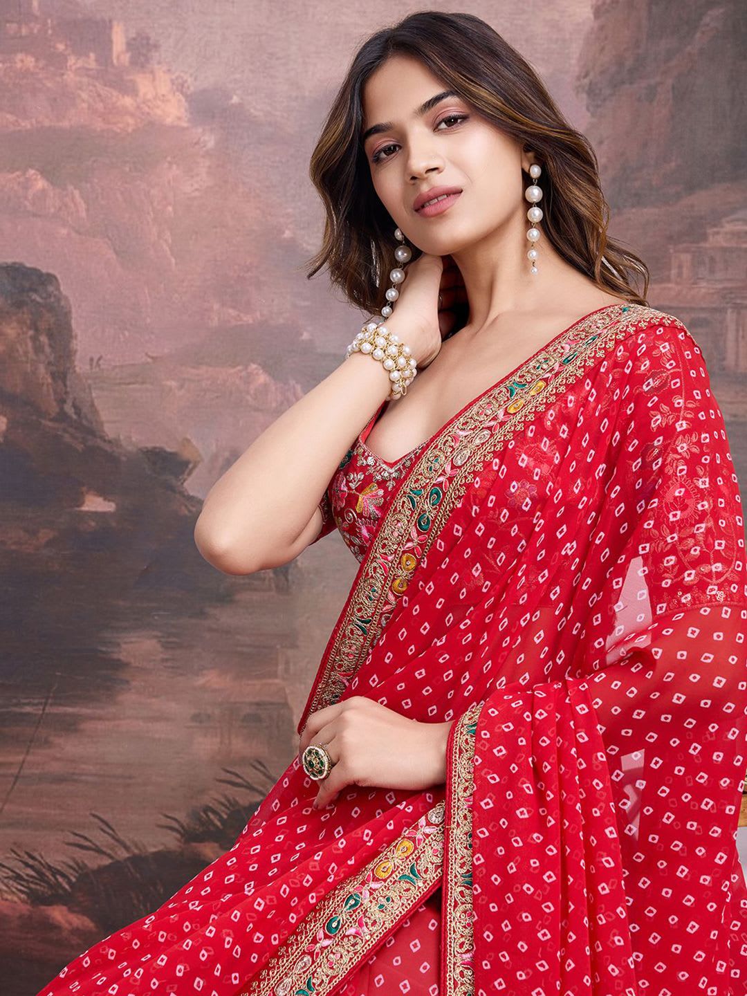 House of Pataudi Embroidered Bandhani Saree With Blouse Piece - default view