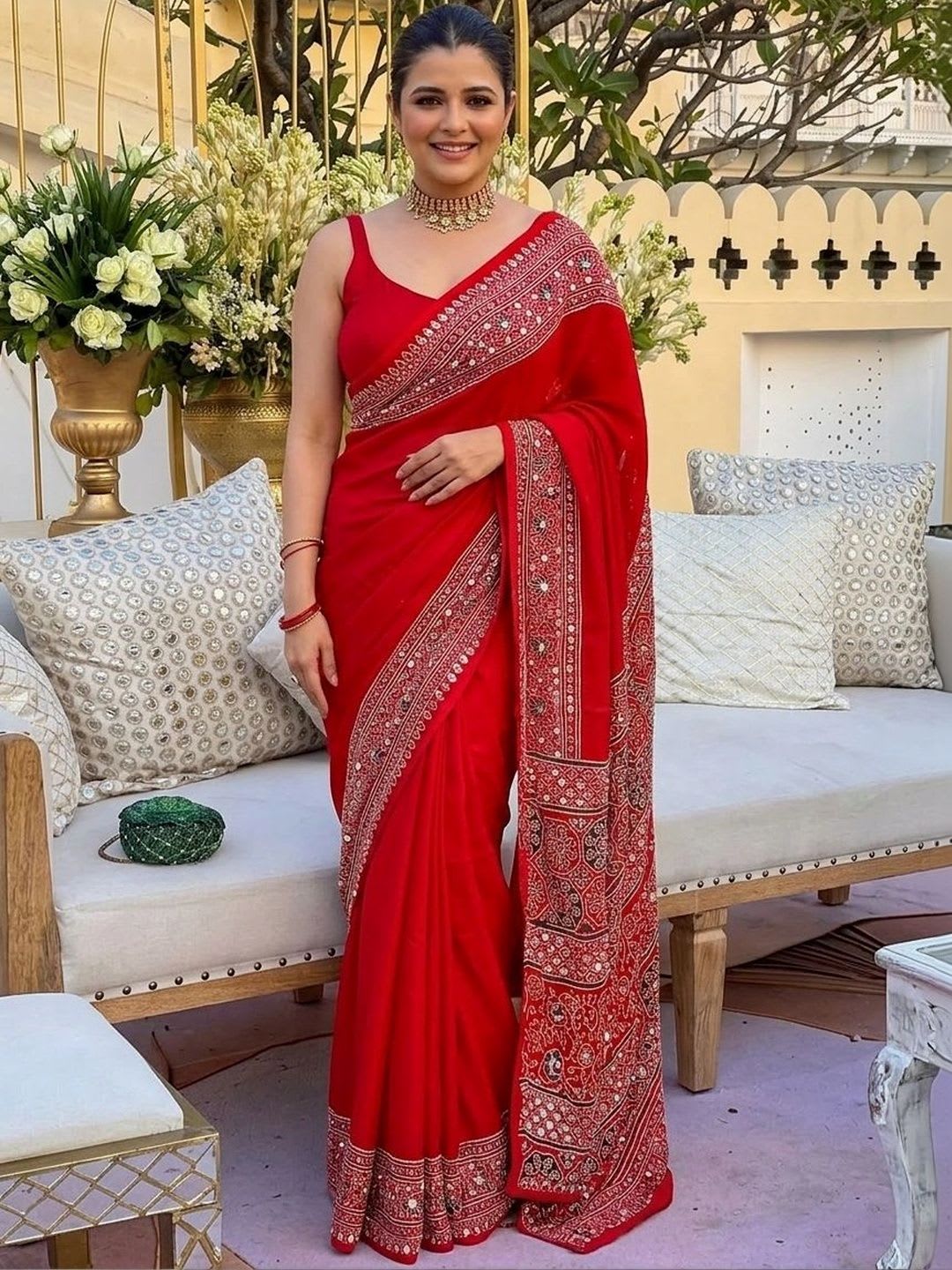 Sangria Ethnic Motifs Mirror Work Saree - default view