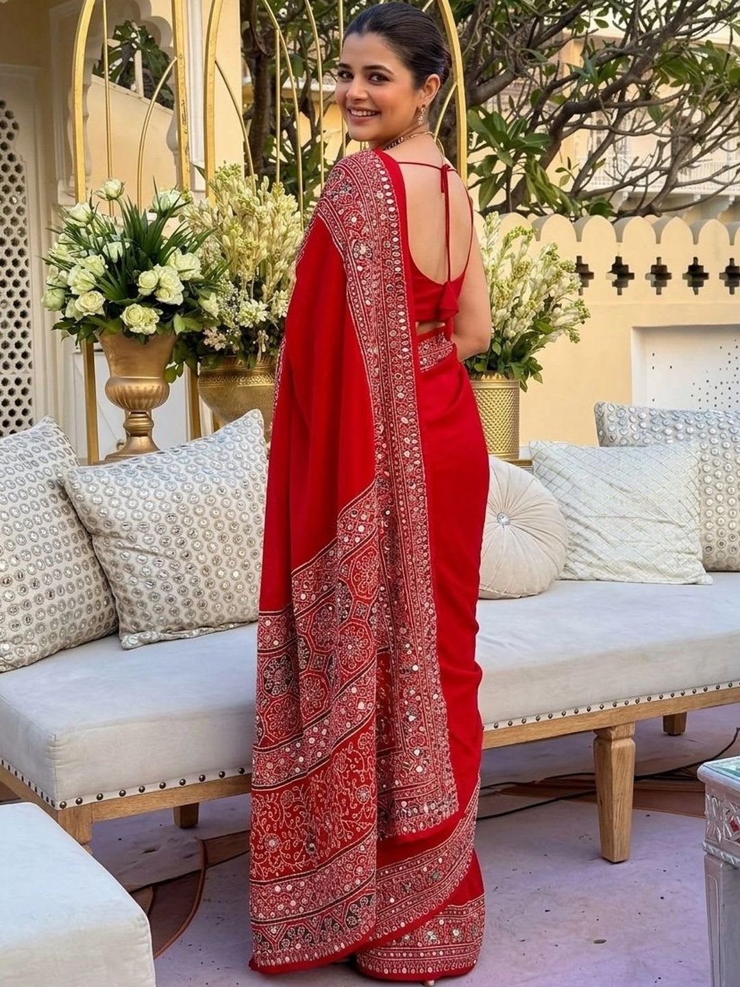 Sangria Ethnic Motifs Mirror Work Saree - back view