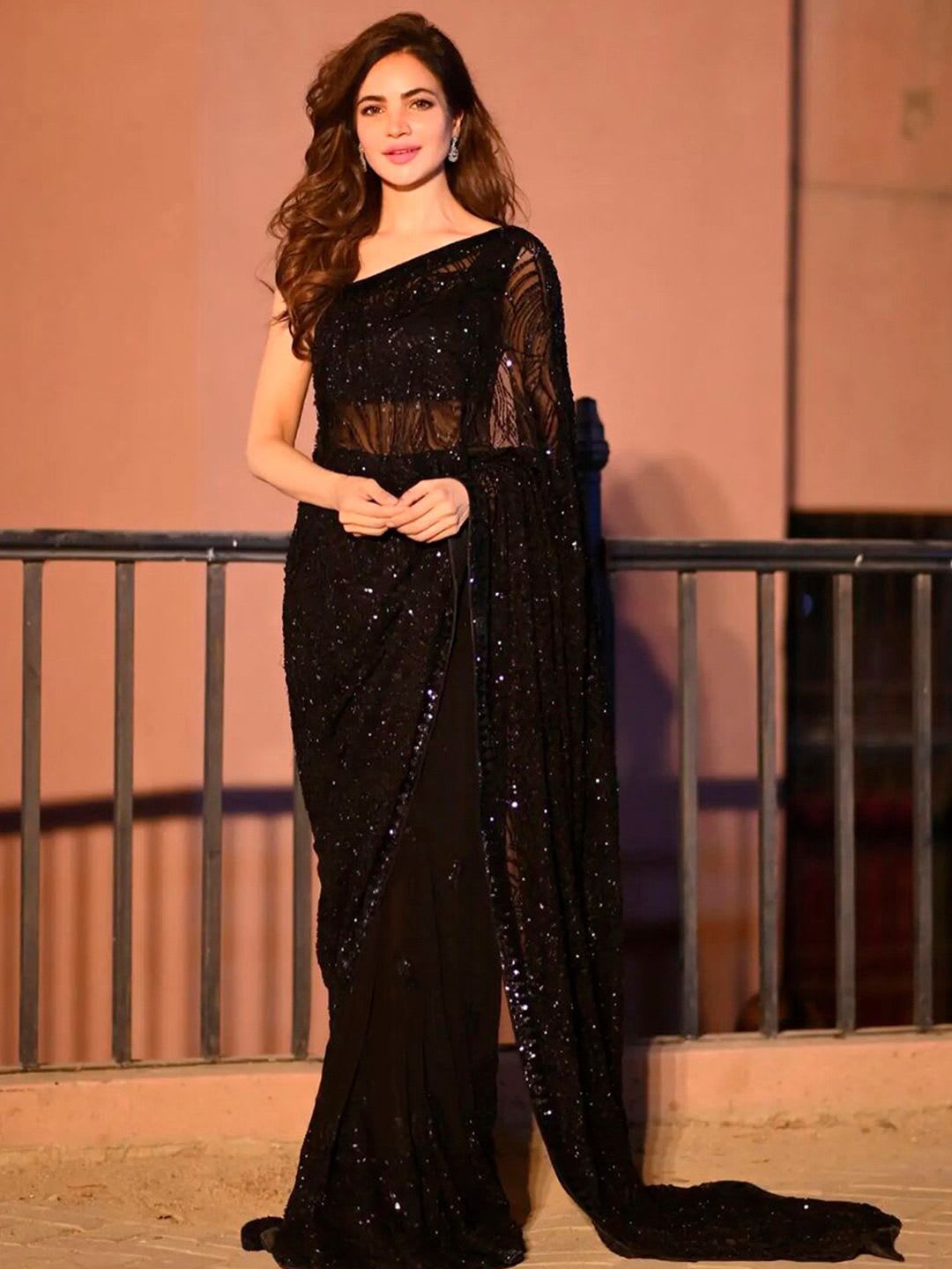 Sangria Black Sequinned Embellished Fusion Saree - default view