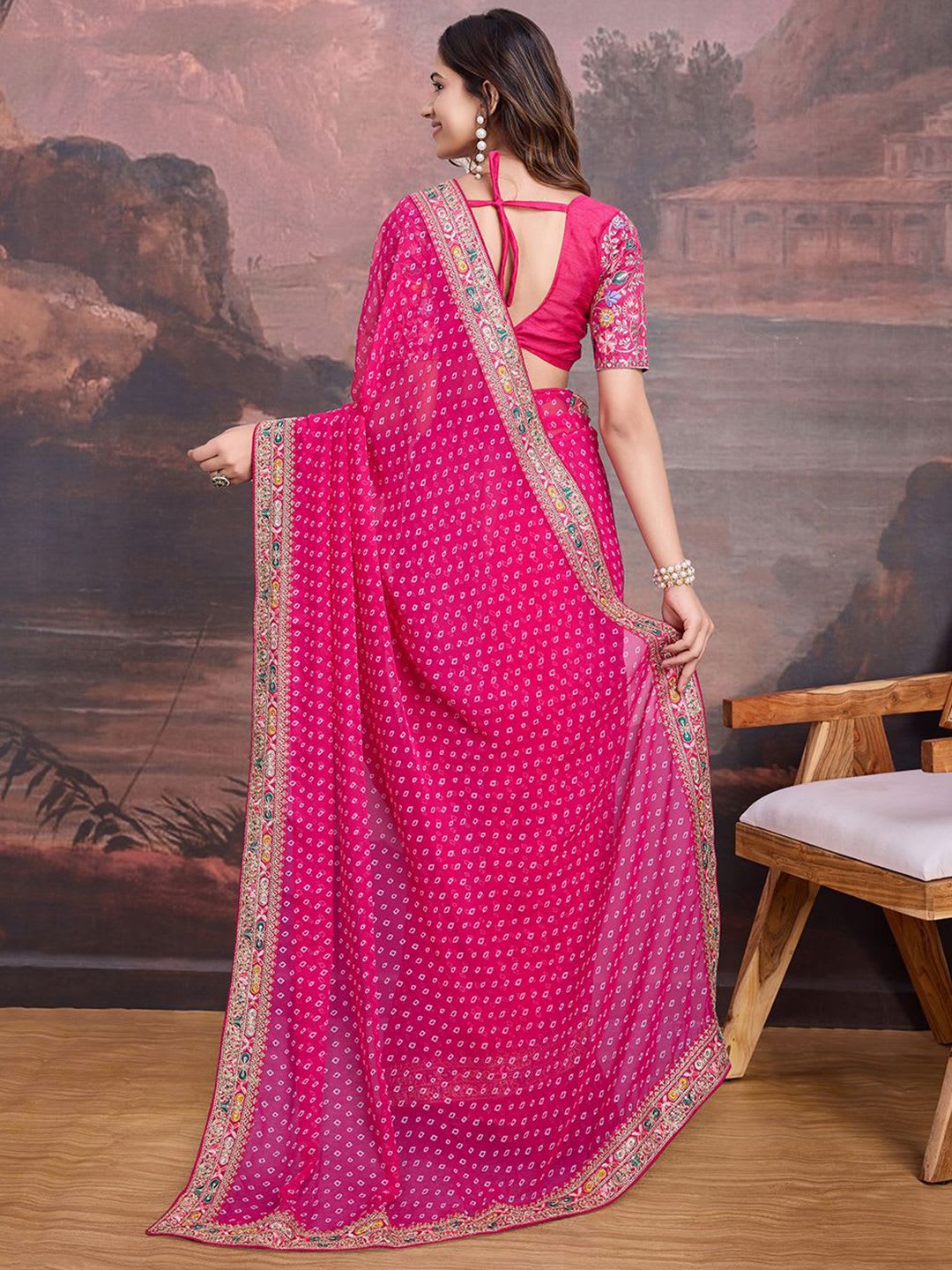 House of Pataudi Embroidered Saree With Blouse - left view