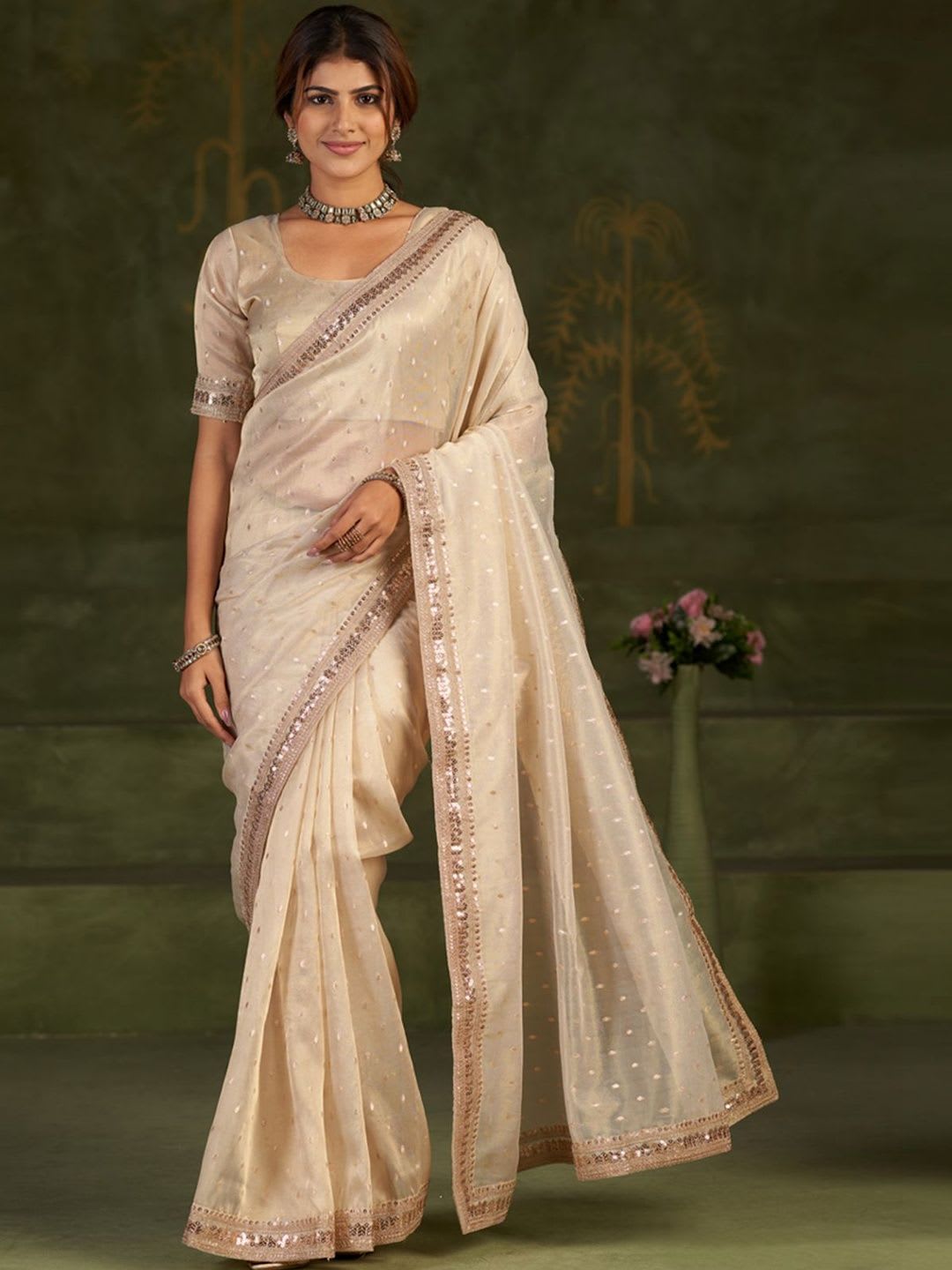 Parmila Fashion Embellished Sequinned Organza Heavy Work Bhagalpuri Saree - back view