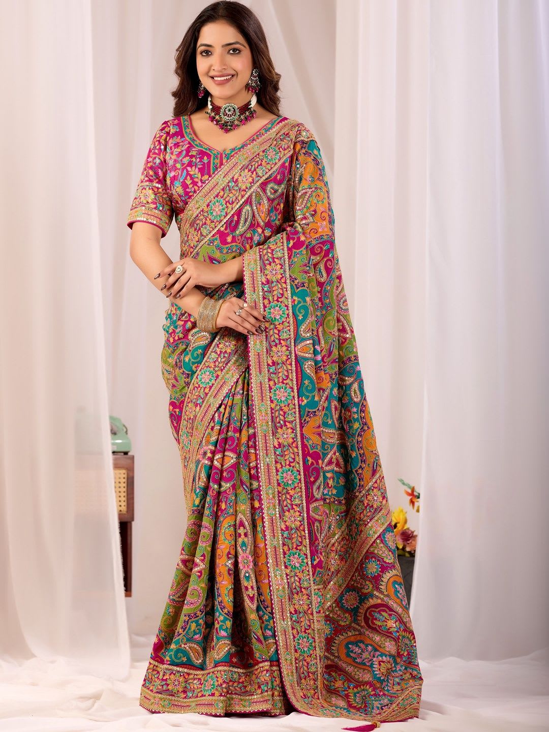 SP SAREES Paisley Embroidered Heavy Work Kanjeevaram Saree - default view