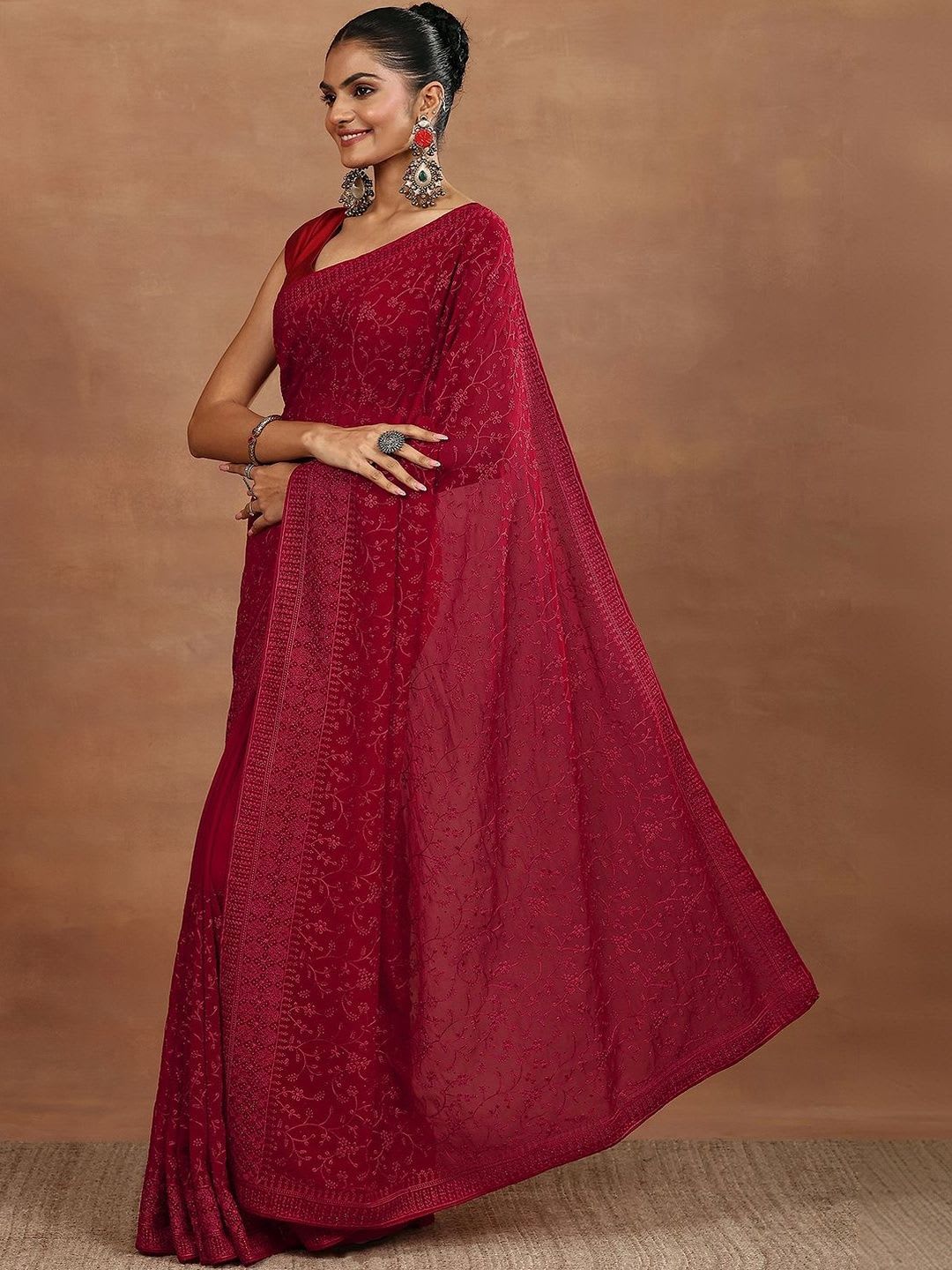 Libas Red Embroidered Georgette Sarees With Unstitched Blouse Piece - back view