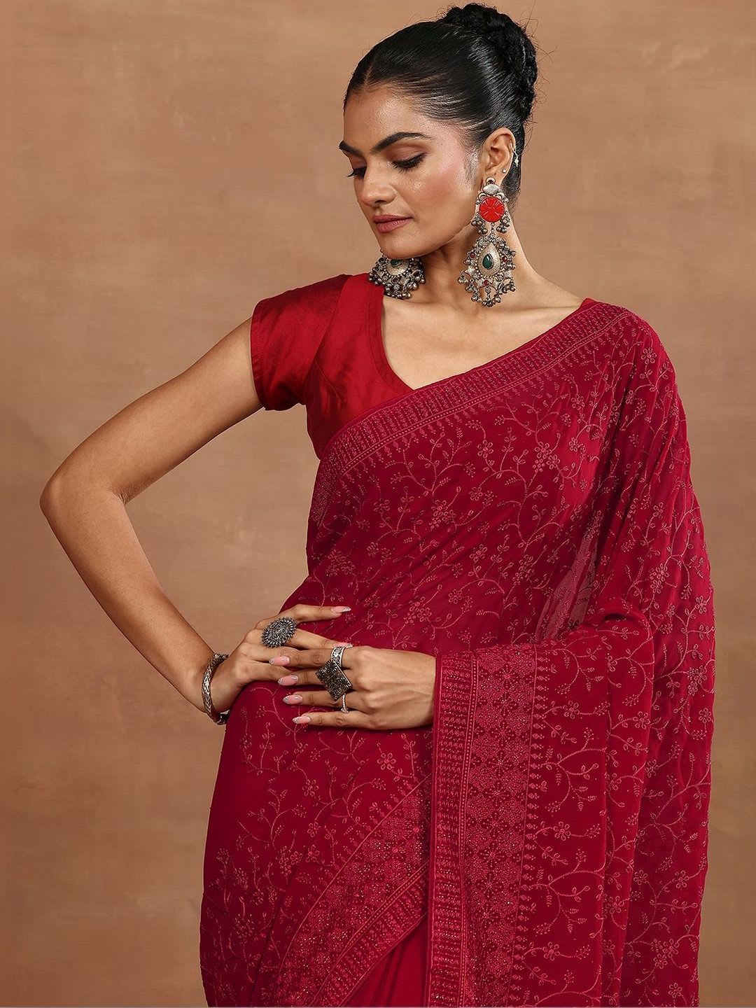 Libas Red Embroidered Georgette Sarees With Unstitched Blouse Piece - left view