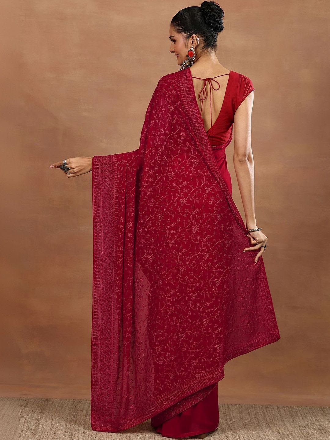 Libas Red Embroidered Georgette Sarees With Unstitched Blouse Piece - right view