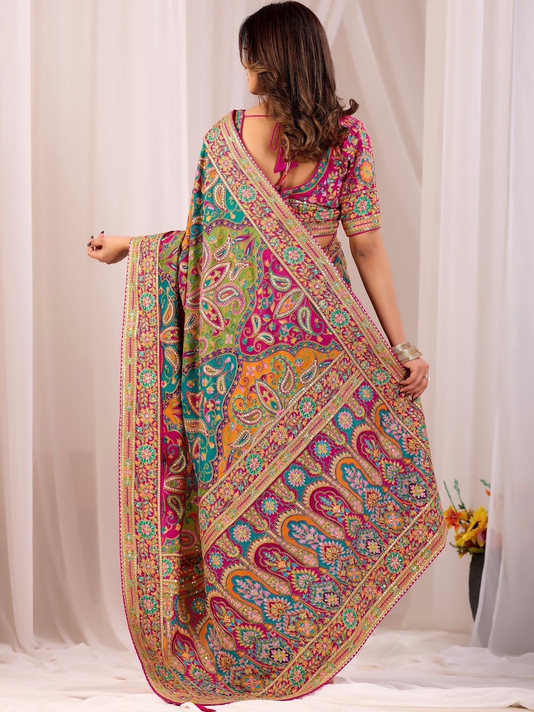 SP SAREES Paisley Embroidered Heavy Work Kanjeevaram Saree - back view