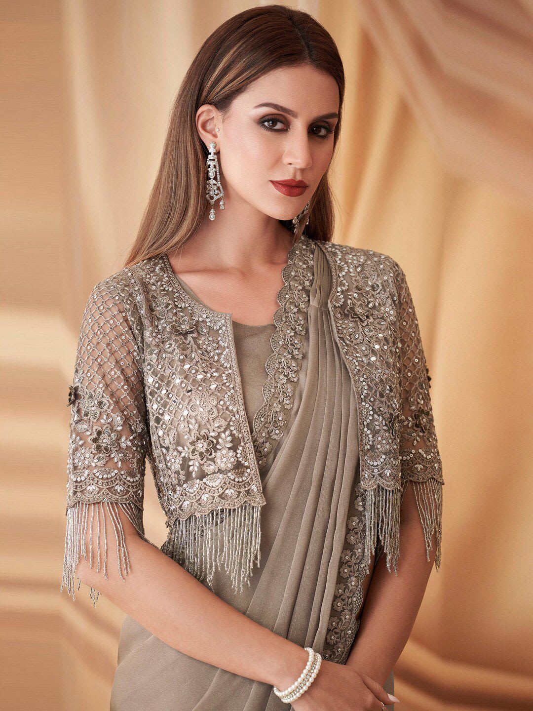 Mitera Beads & Stones Embellished Pure Georgette Saree with Jacket with Blouse - right view
