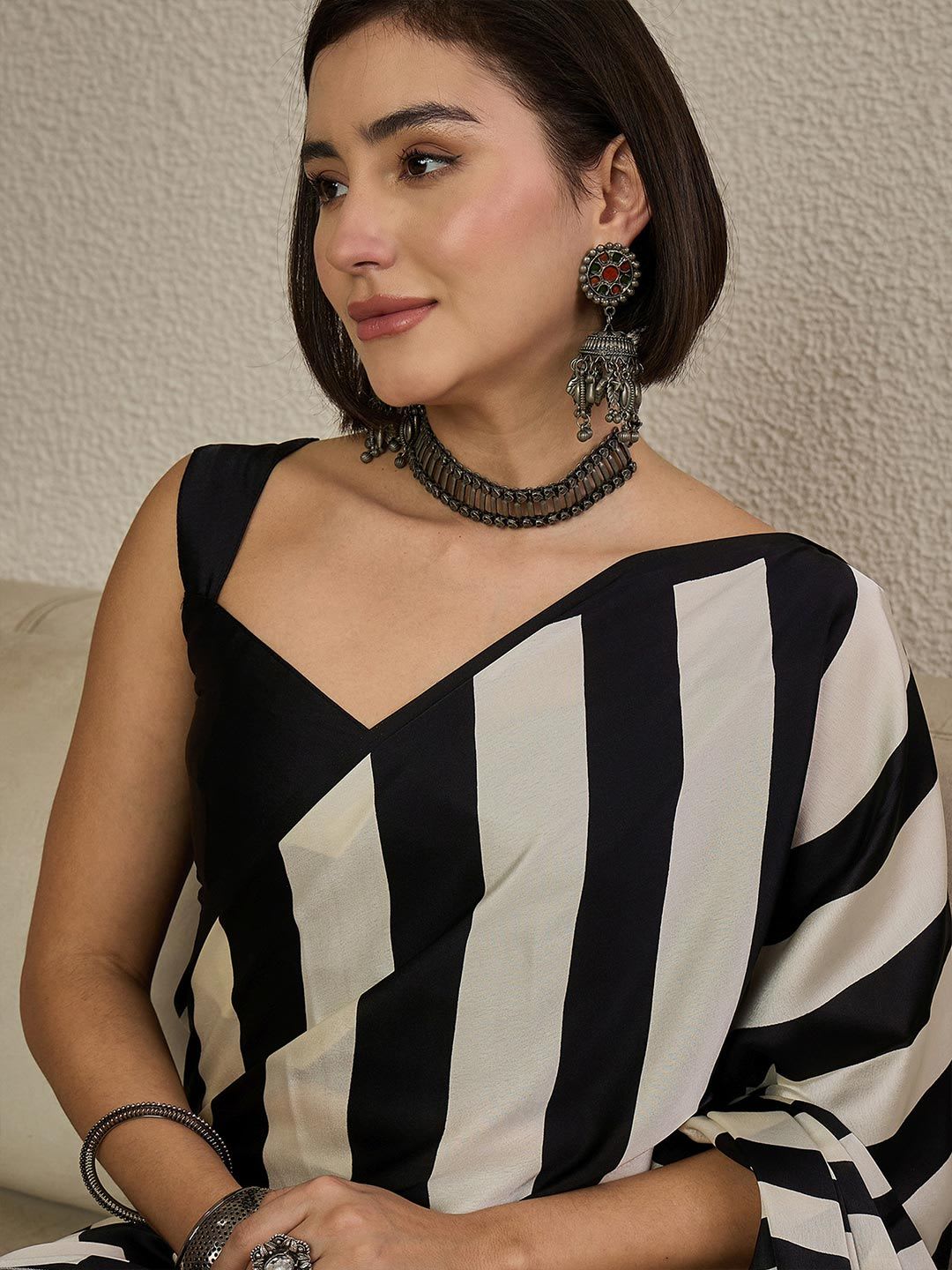 Anouk Rustic Striped Pure Crepe Ready to Wear Saree - right view