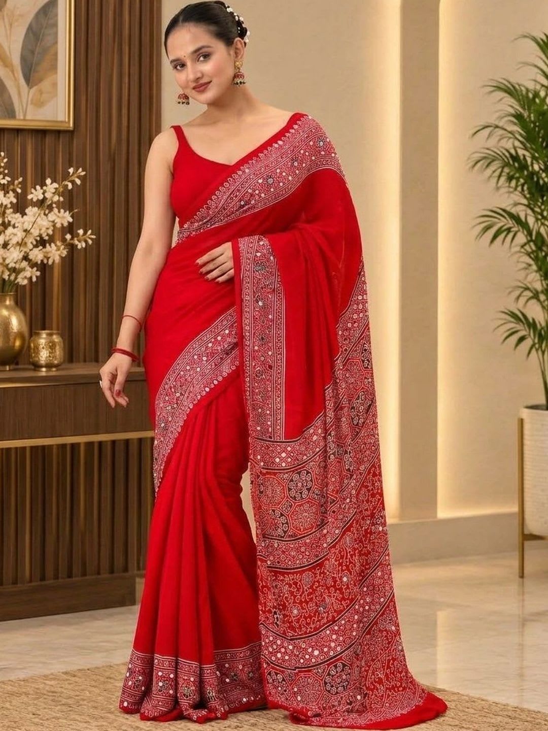 Sangria Ethnic Motifs Mirror Work Saree - back view