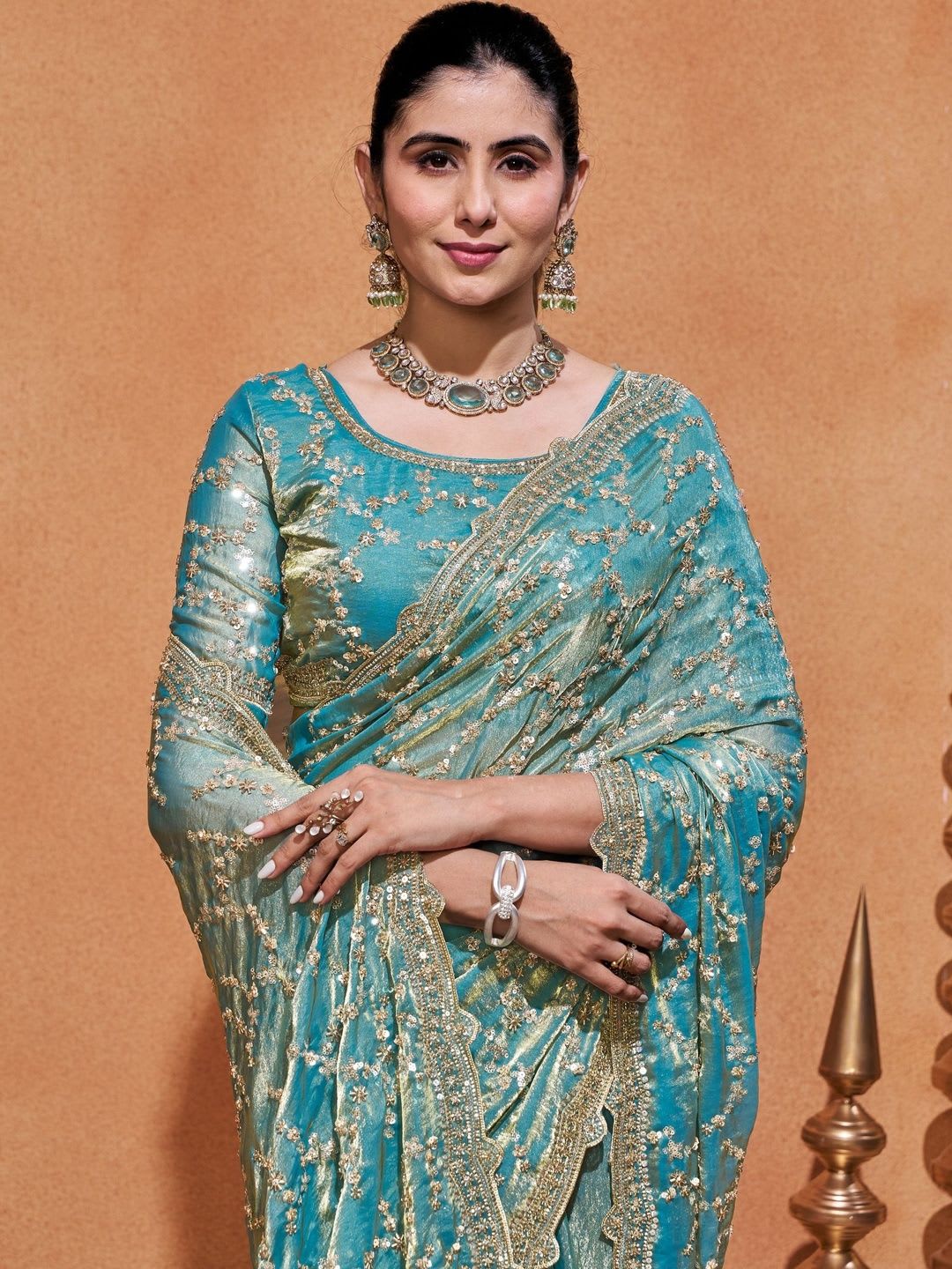 WEAROMA COUTURE Embellished Sequinned Satin Heavy Work Saree - back view