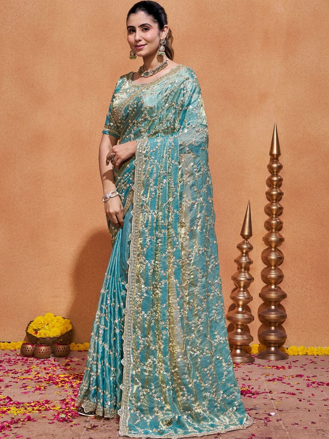 WEAROMA COUTURE Embellished Sequinned Satin Heavy Work Saree - left view