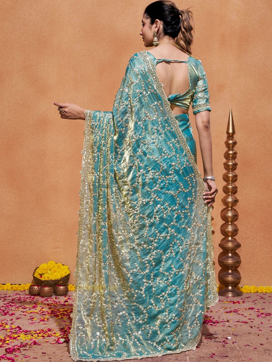 WEAROMA COUTURE Embellished Sequinned Satin Heavy Work Saree - right view