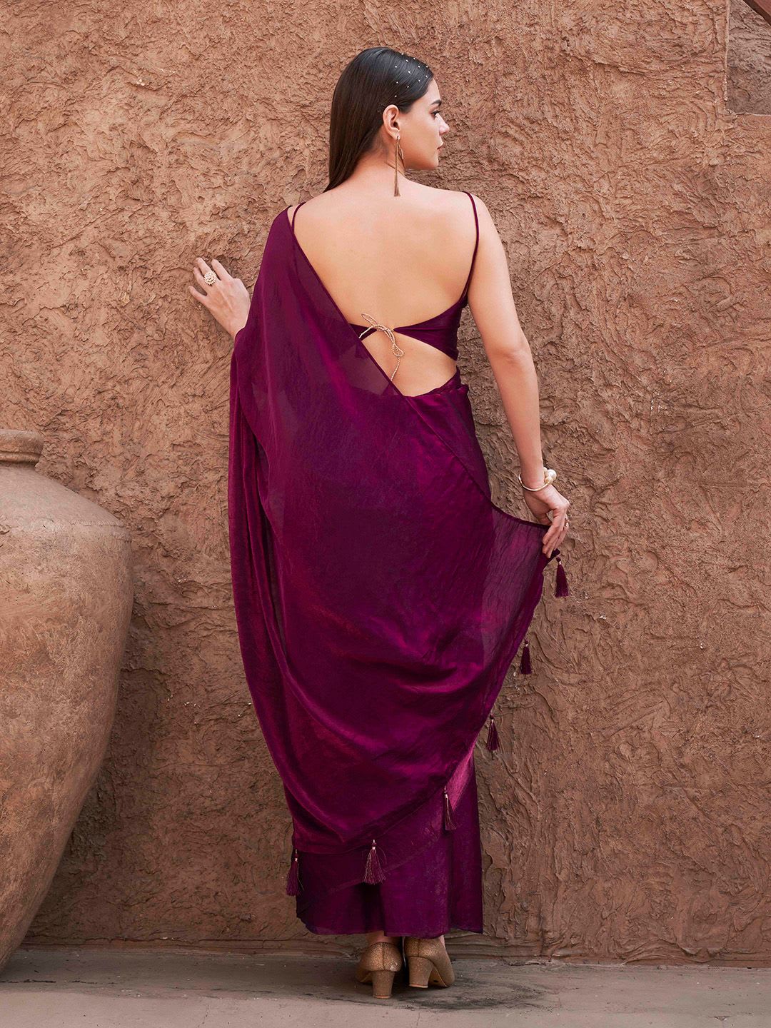 Tikhi Imli Satin Ready to Wear Saree With Unstitched Blouse Piece - back view