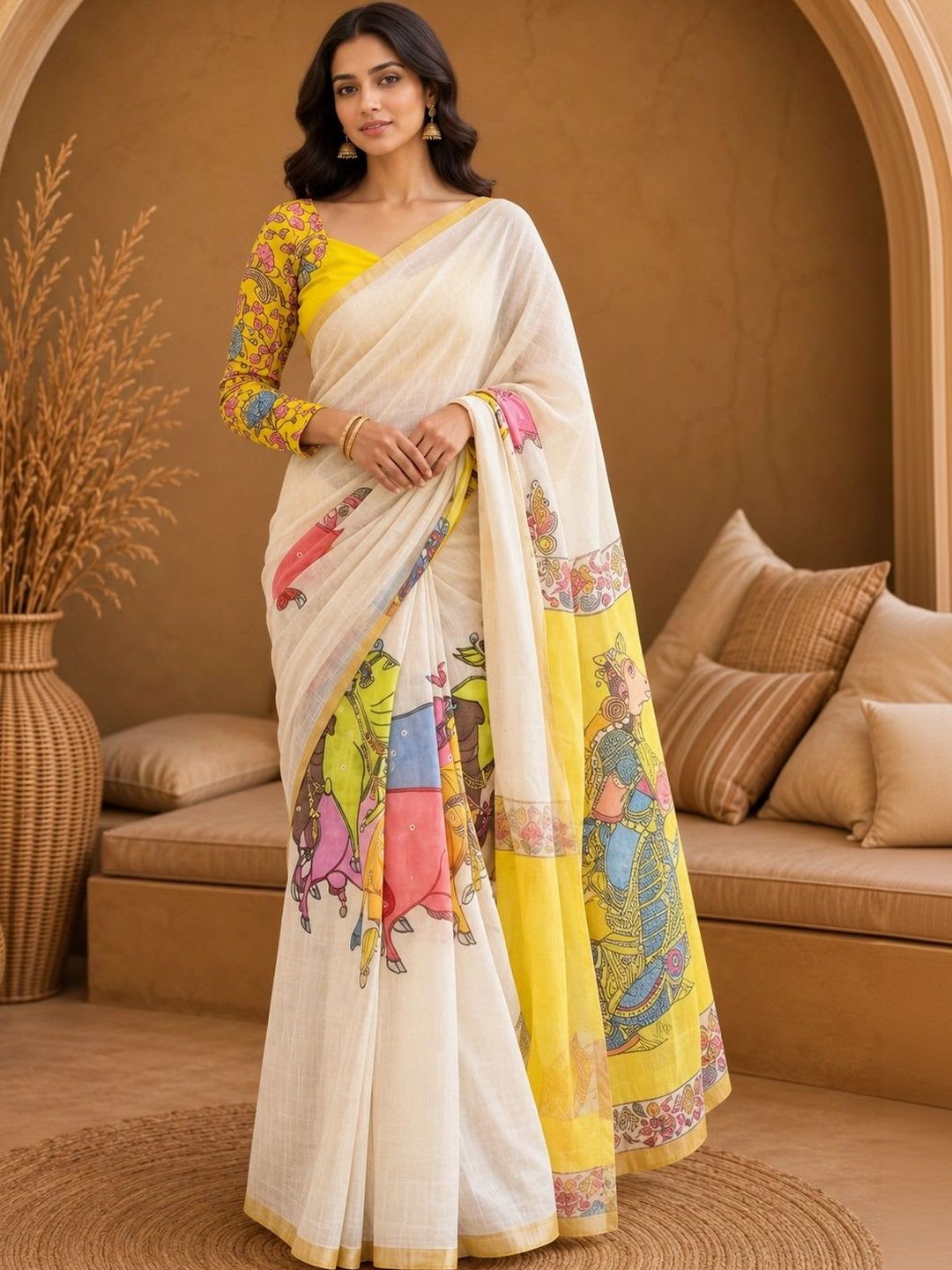 Anouk Rustic Floral Pure Linen Khadi Saree - default view
