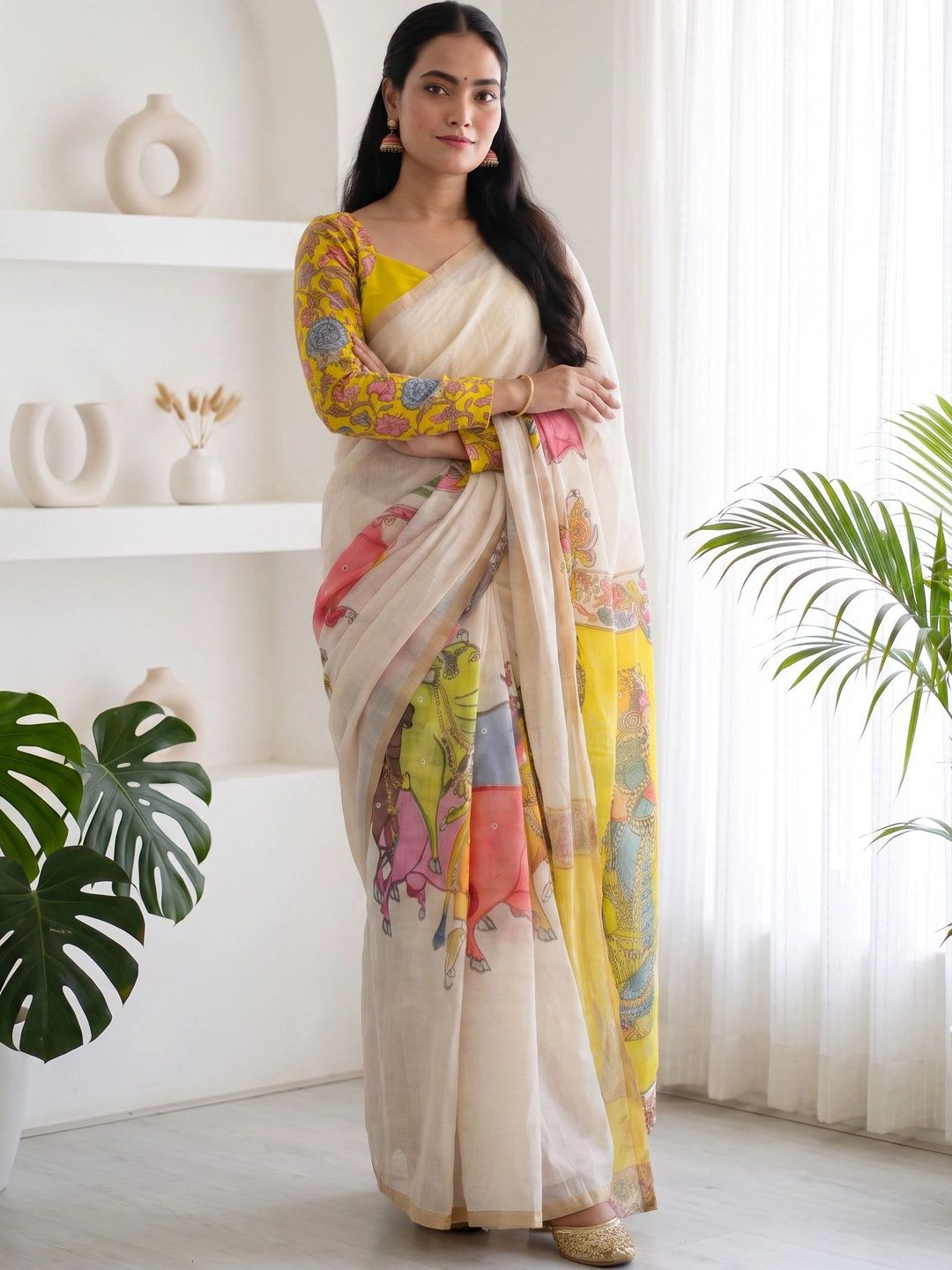 Anouk Rustic Floral Pure Linen Khadi Saree - right view
