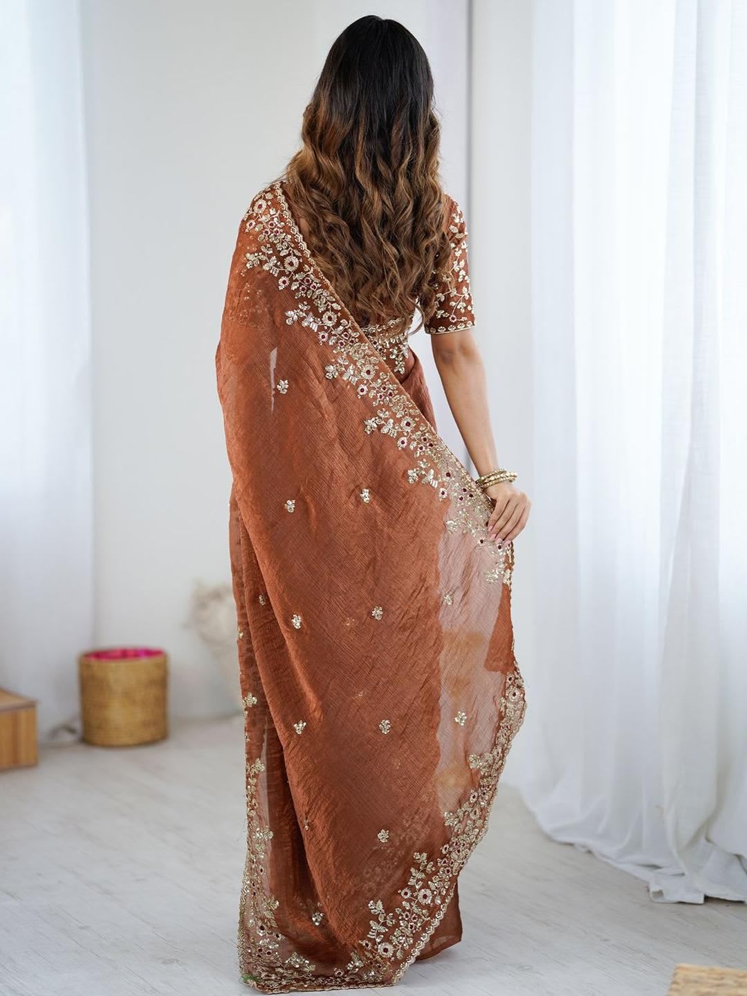Saree mall Embellished Sequinned Pure Chiffon Heavy Work Sarees - back view