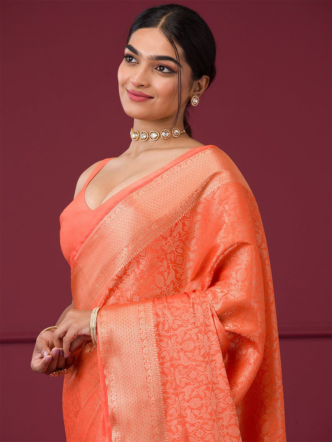Koskii Women Zariwork Orange Silk Saree With Unstitched Blouse - default view