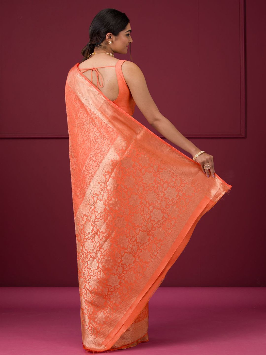 Koskii Women Zariwork Orange Silk Saree With Unstitched Blouse - back view
