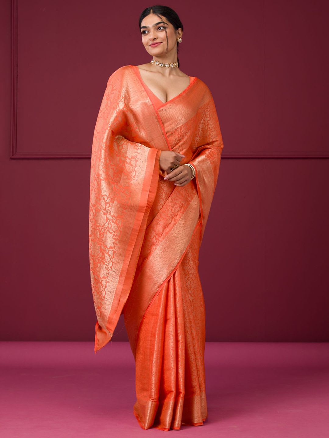 Koskii Women Zariwork Orange Silk Saree With Unstitched Blouse - right view