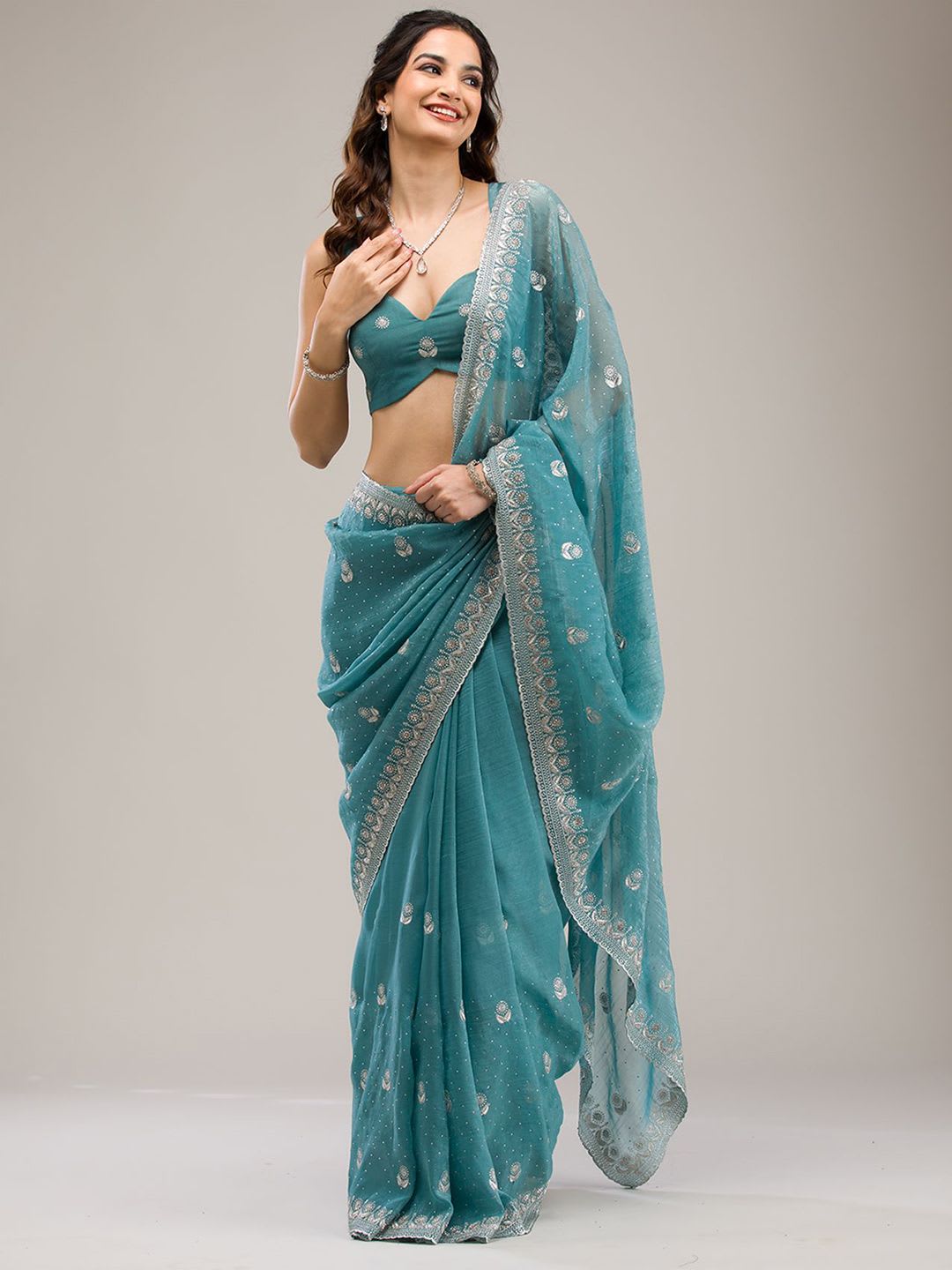 Koskii Women Zariwork Sea Green Tissue Saree With Unstitched Blouse - back view