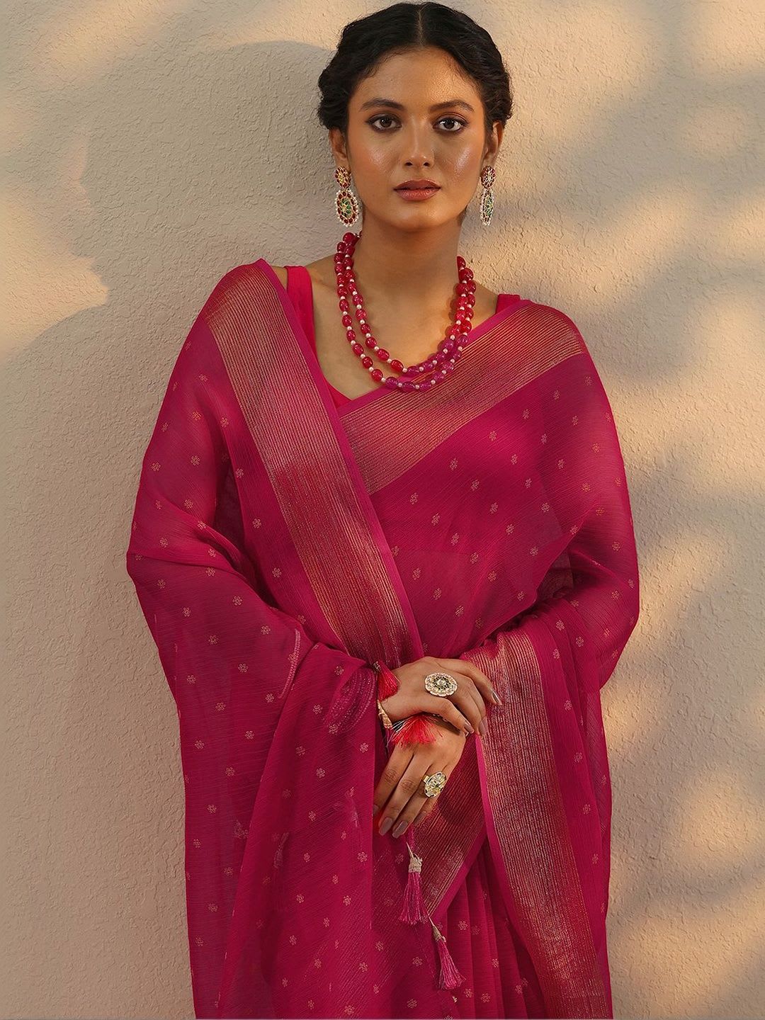 Libas Pink Printed Chiffon Saree With Unstitched Blouse Piece - right view