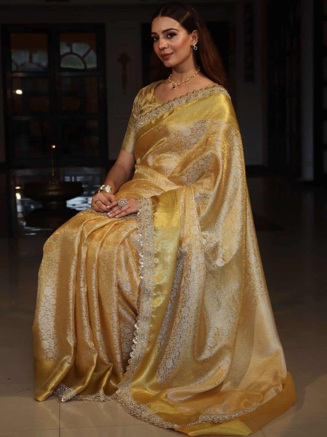 Banarasee Ethnic Motifs Zari Tissue Banarasi Saree - left view