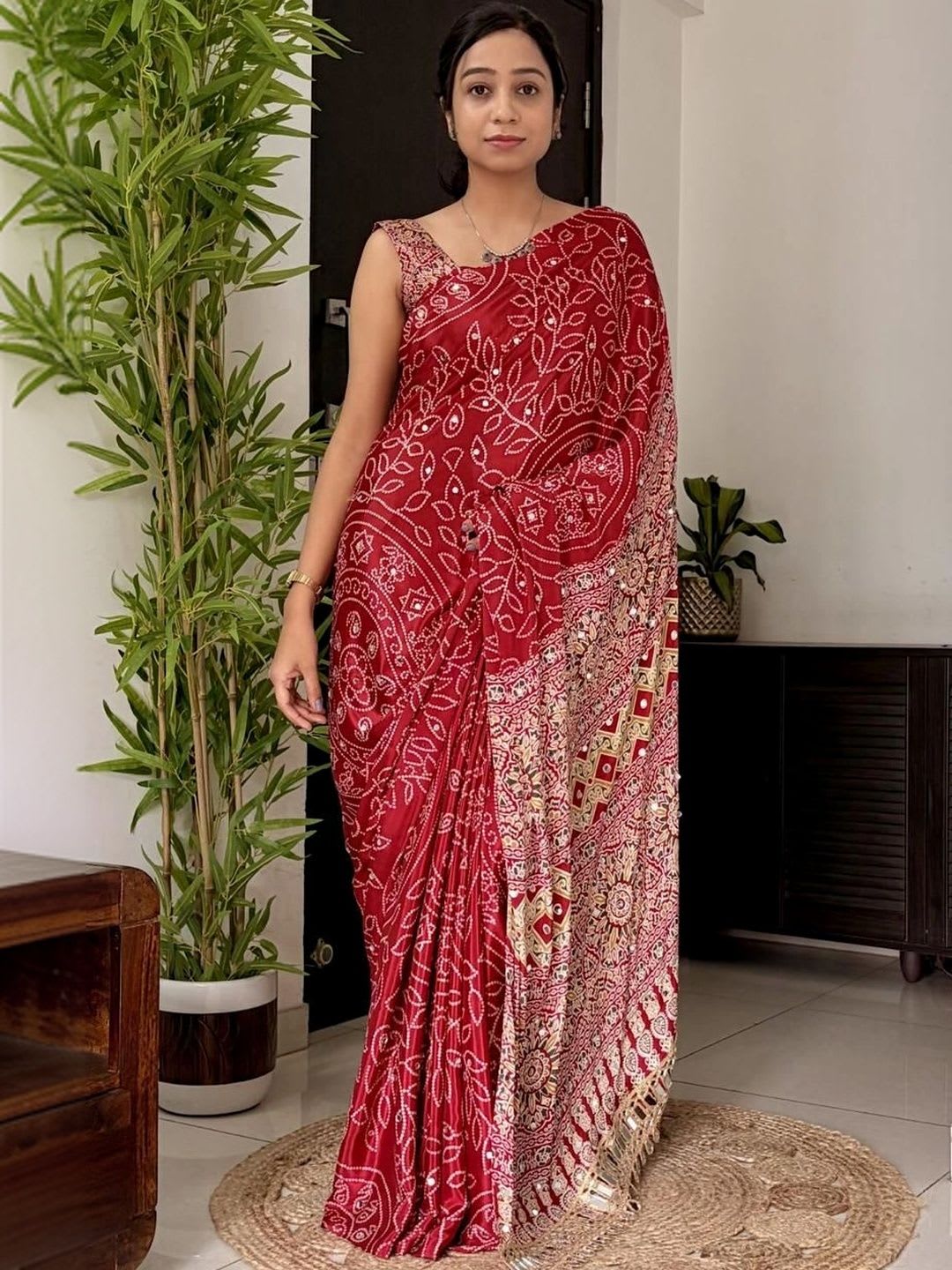 DJV Fashion Bandhani Mirror Work Poly Georgette Ikat Saree - default view