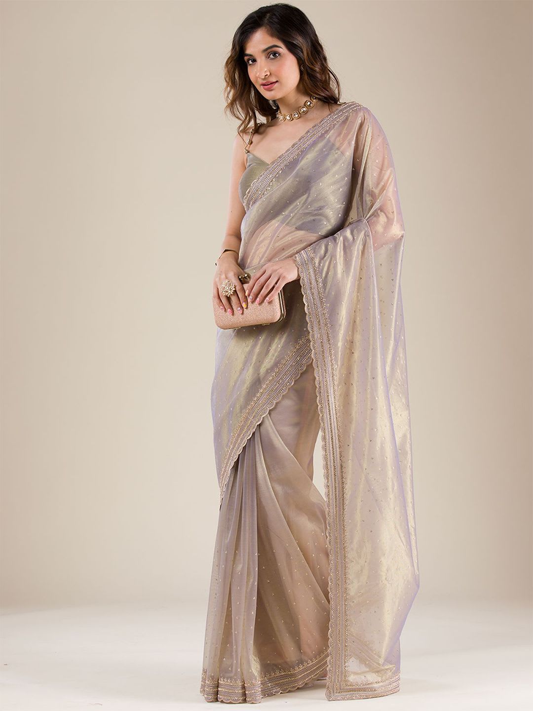 Koskii Women Zariwork Grey Organza Saree With Unstitched Blouse - back view