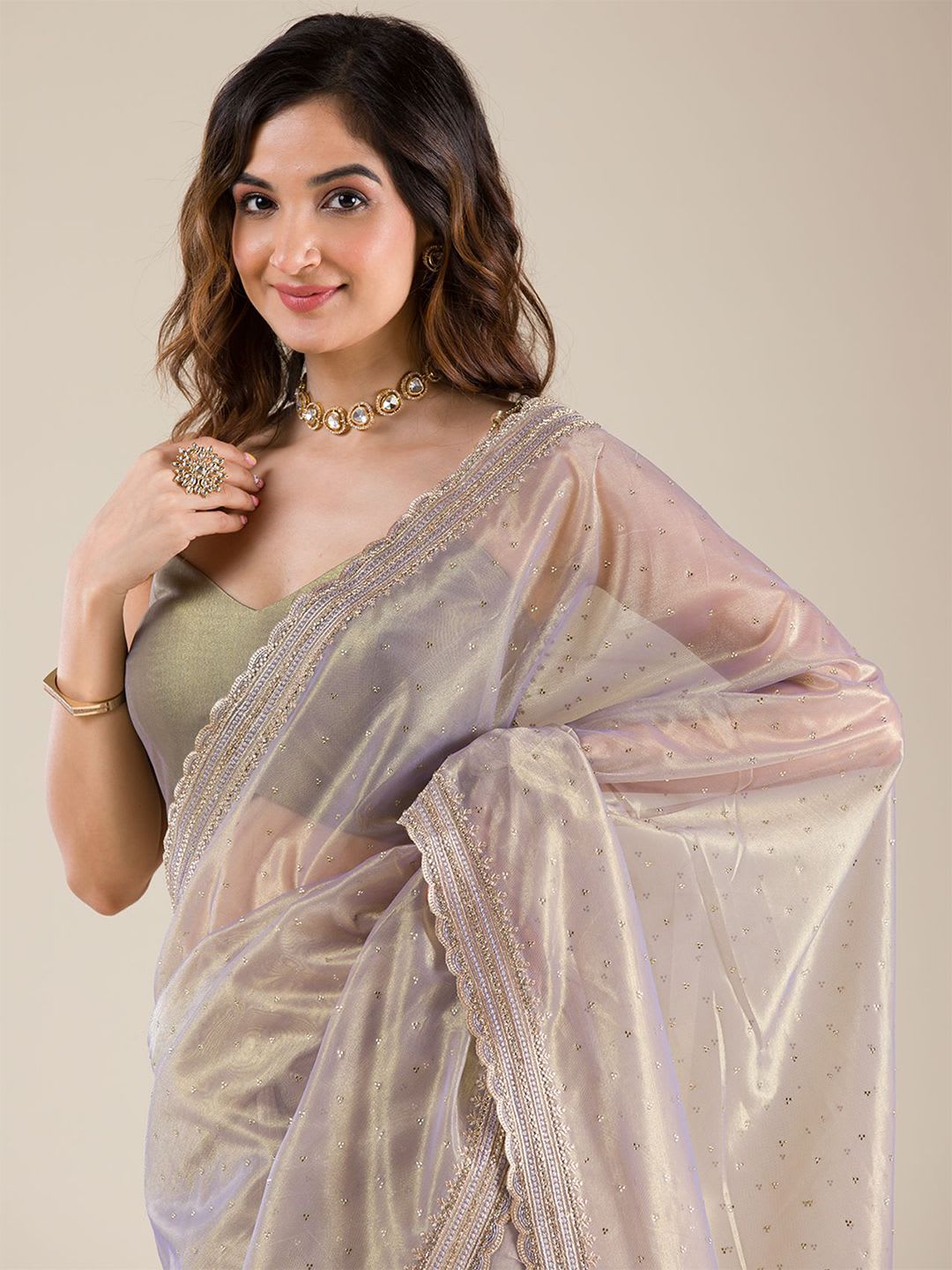 Koskii Women Zariwork Grey Organza Saree With Unstitched Blouse - right view