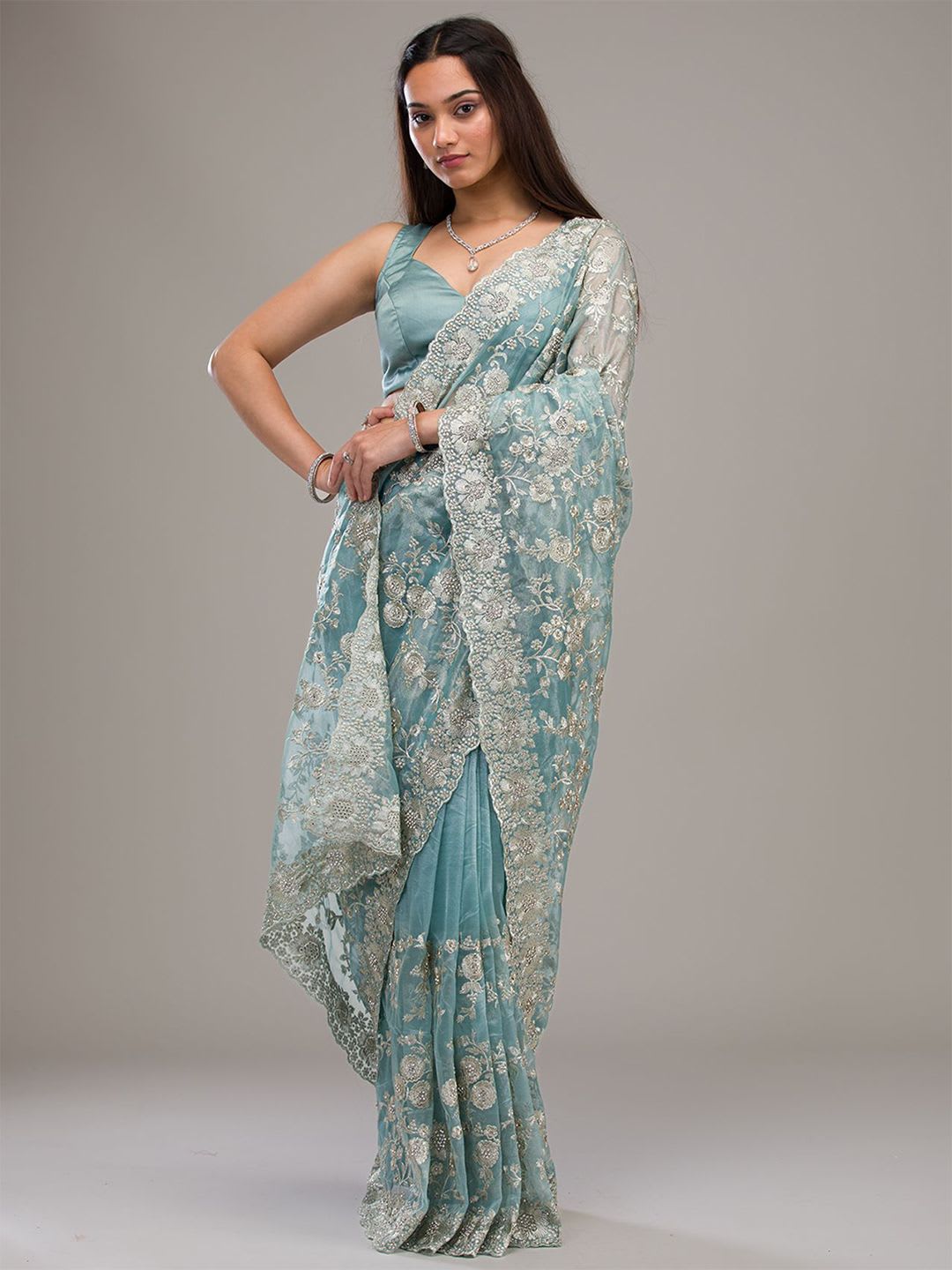 Koskii Women Zariwork Turquoise Blue Tissue Saree With Unstitched Blouse - default view
