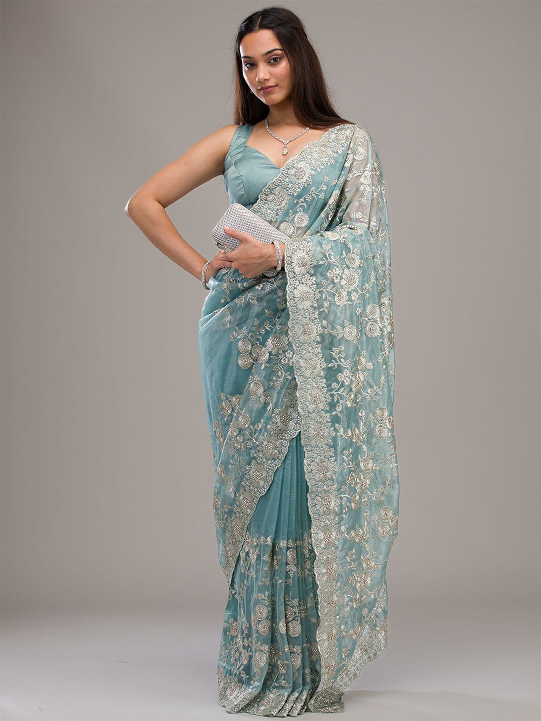 Koskii Women Zariwork Turquoise Blue Tissue Saree With Unstitched Blouse - back view
