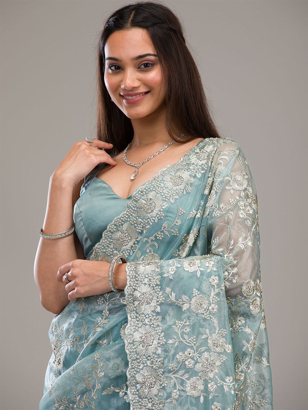 Koskii Women Zariwork Turquoise Blue Tissue Saree With Unstitched Blouse - right view