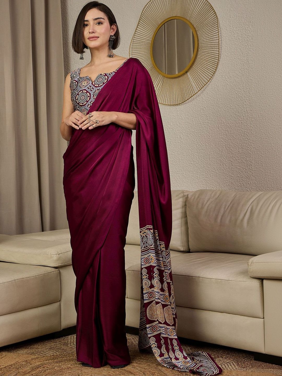 Mitera Ajrak Satin Ready To Wear Block Printed Saree - default view