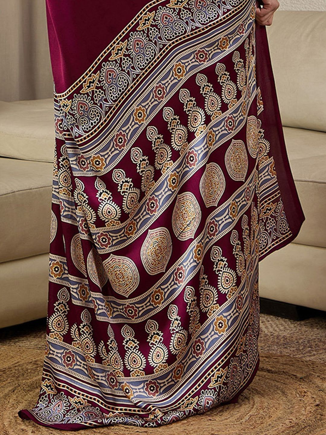 Mitera Ajrak Satin Ready To Wear Block Printed Saree - left view