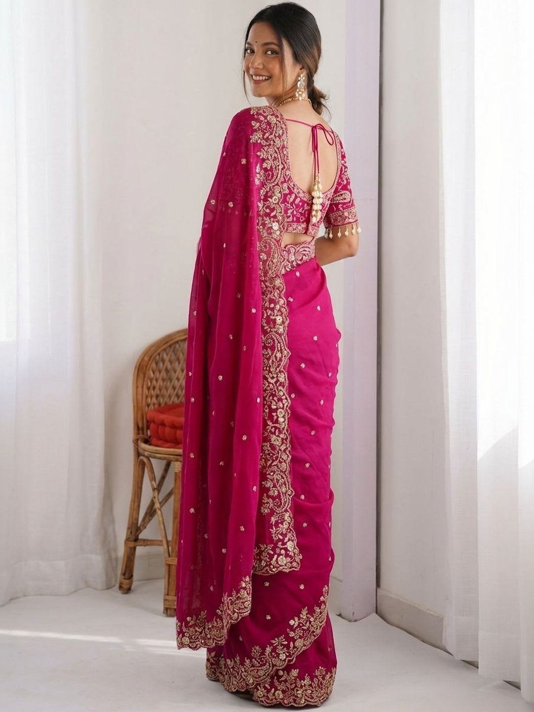 Kalista Embellished Zari Satin Heavy Work Saree - back view