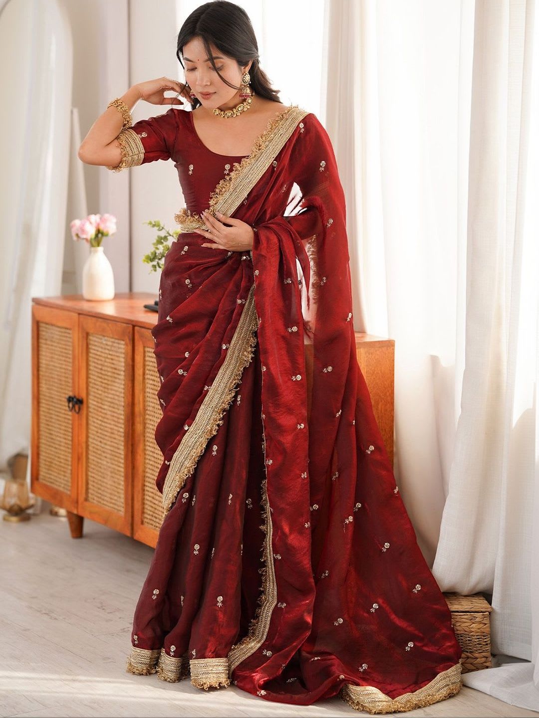 Saree mall Maroon Embellished Embroidered Satin Heavy Work Sarees Unstiched Blouse - back view