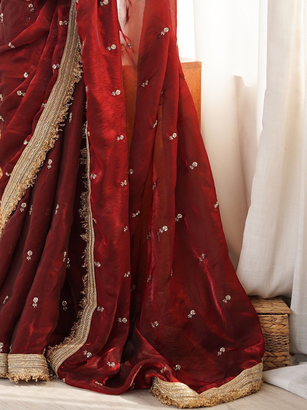 Saree mall Maroon Embellished Embroidered Satin Heavy Work Sarees Unstiched Blouse - left view