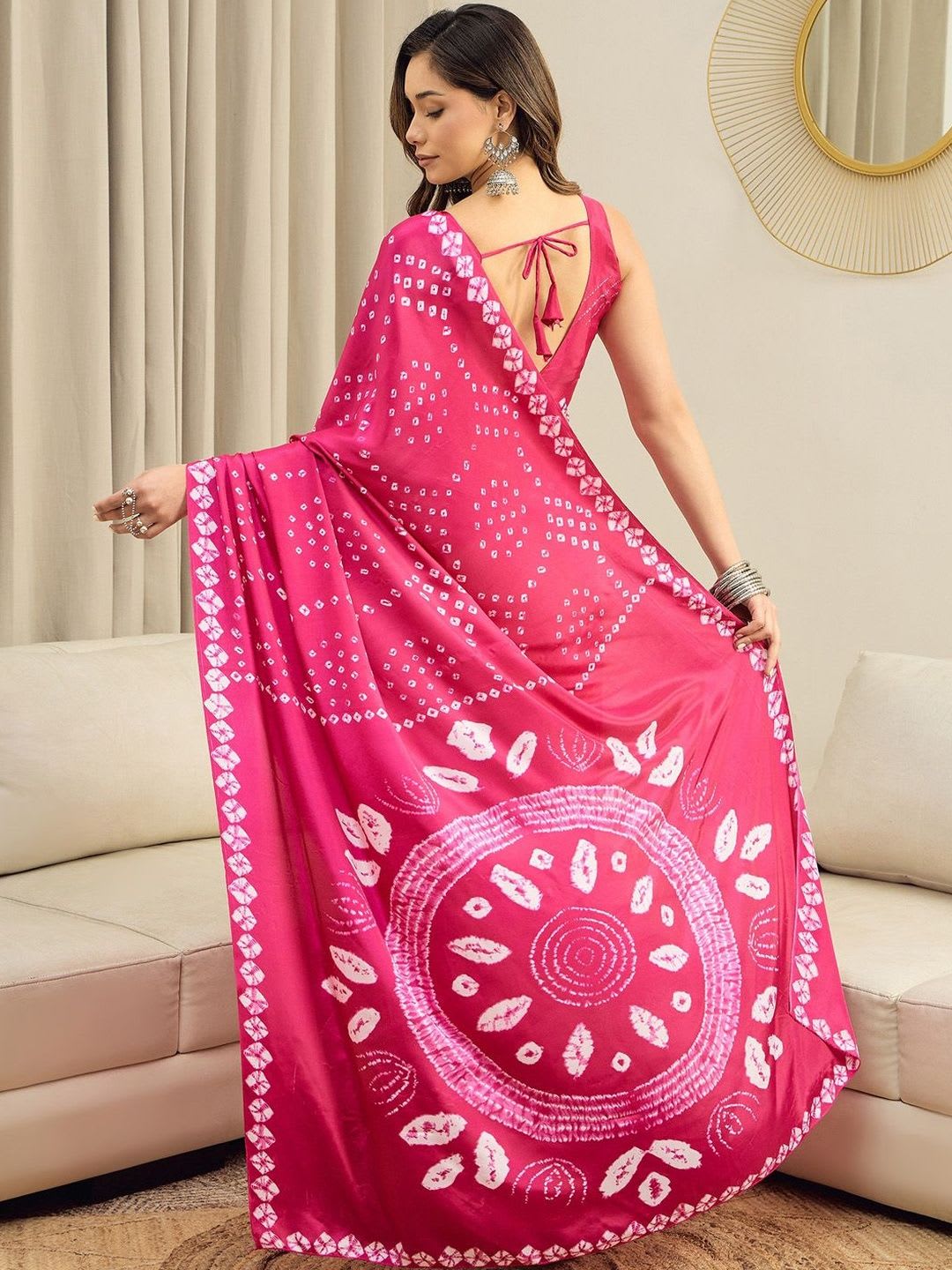 Sangria Bandhani Printed Pure Crepe Ready to Wear Saree With Unstitched Blouse - back view