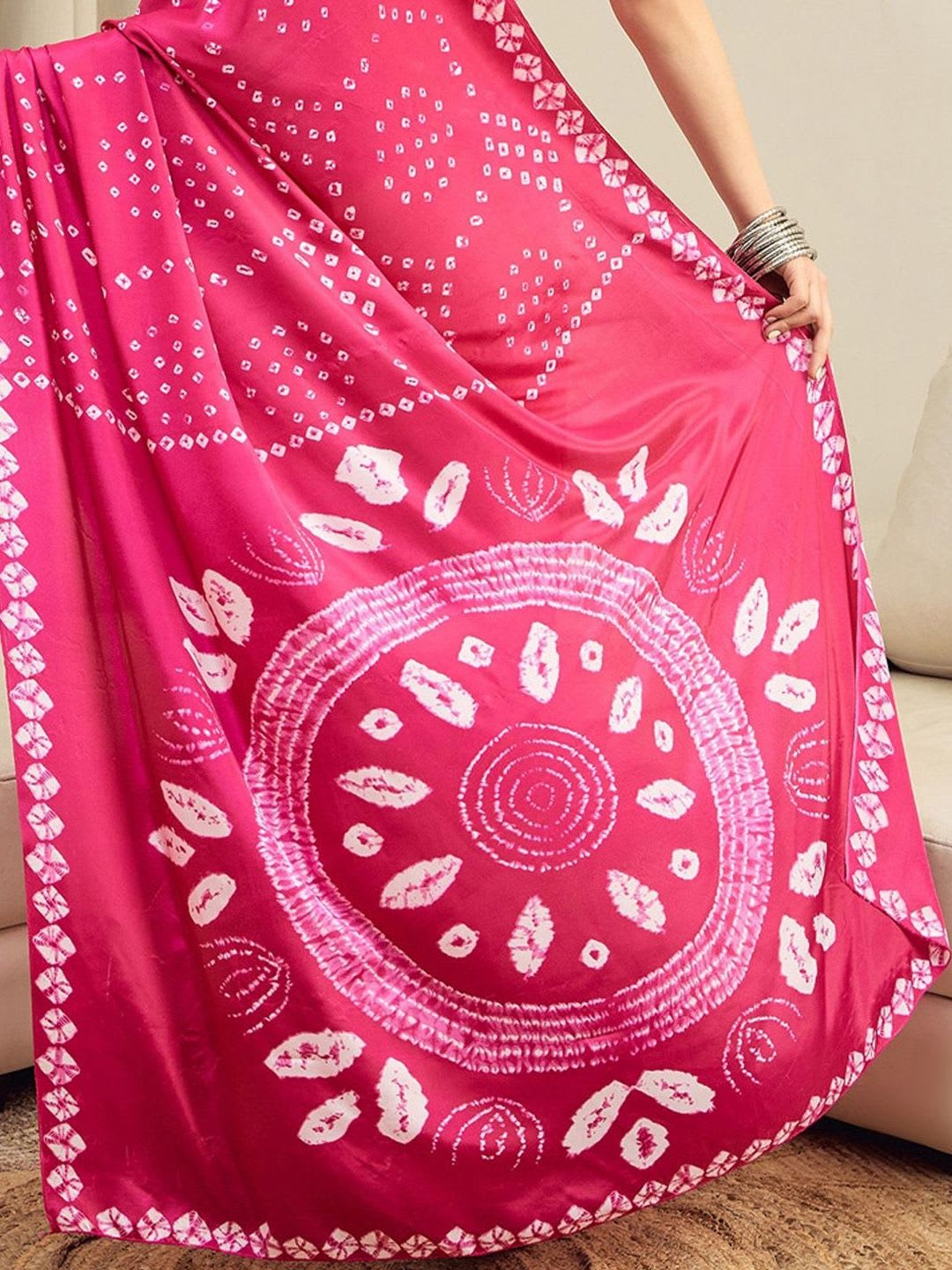 Sangria Bandhani Printed Pure Crepe Ready to Wear Saree With Unstitched Blouse - left view