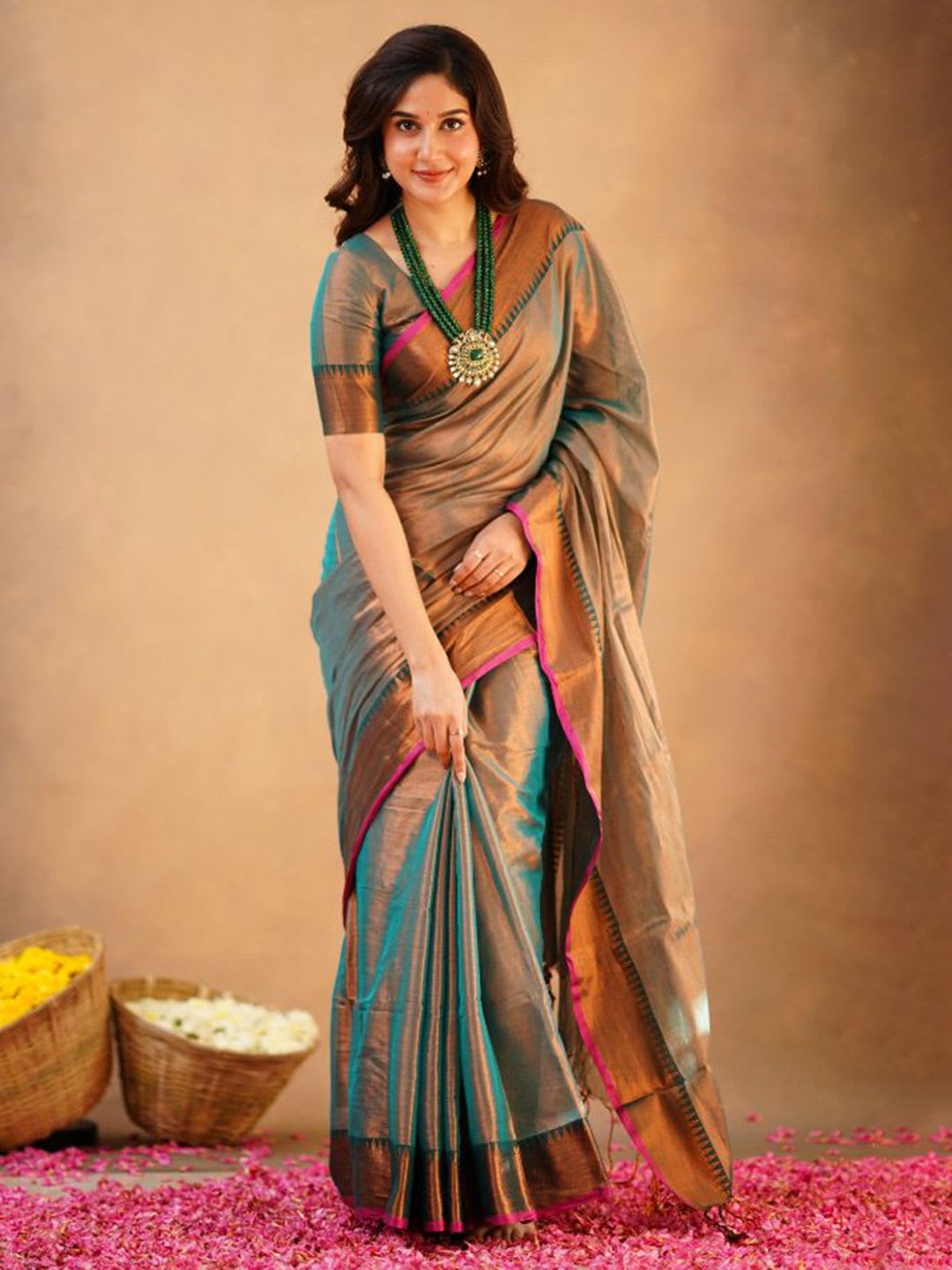 Sutisancha Rama Green Handloom Temple Tissue Saree - back view