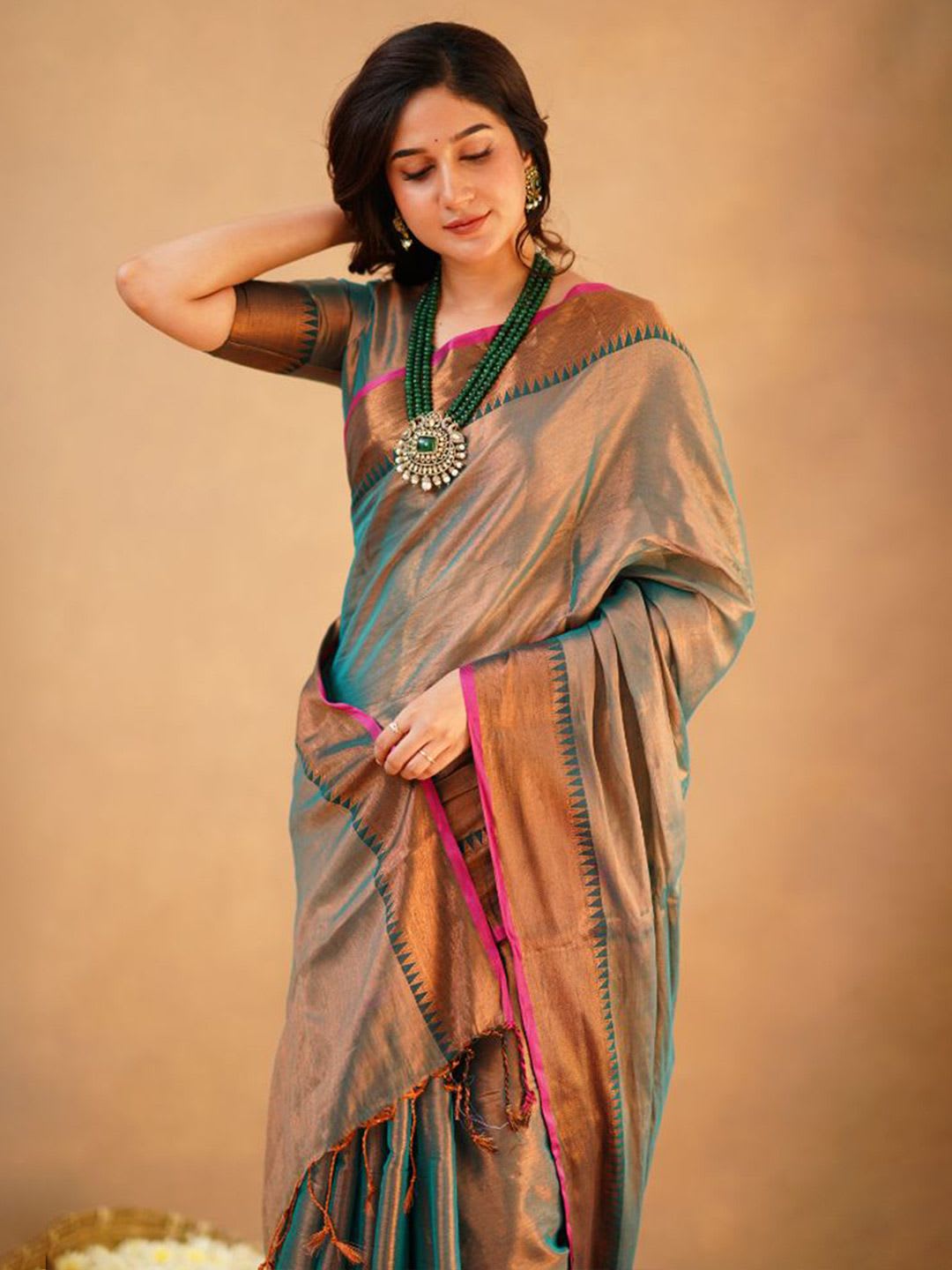 Sutisancha Rama Green Handloom Temple Tissue Saree - left view