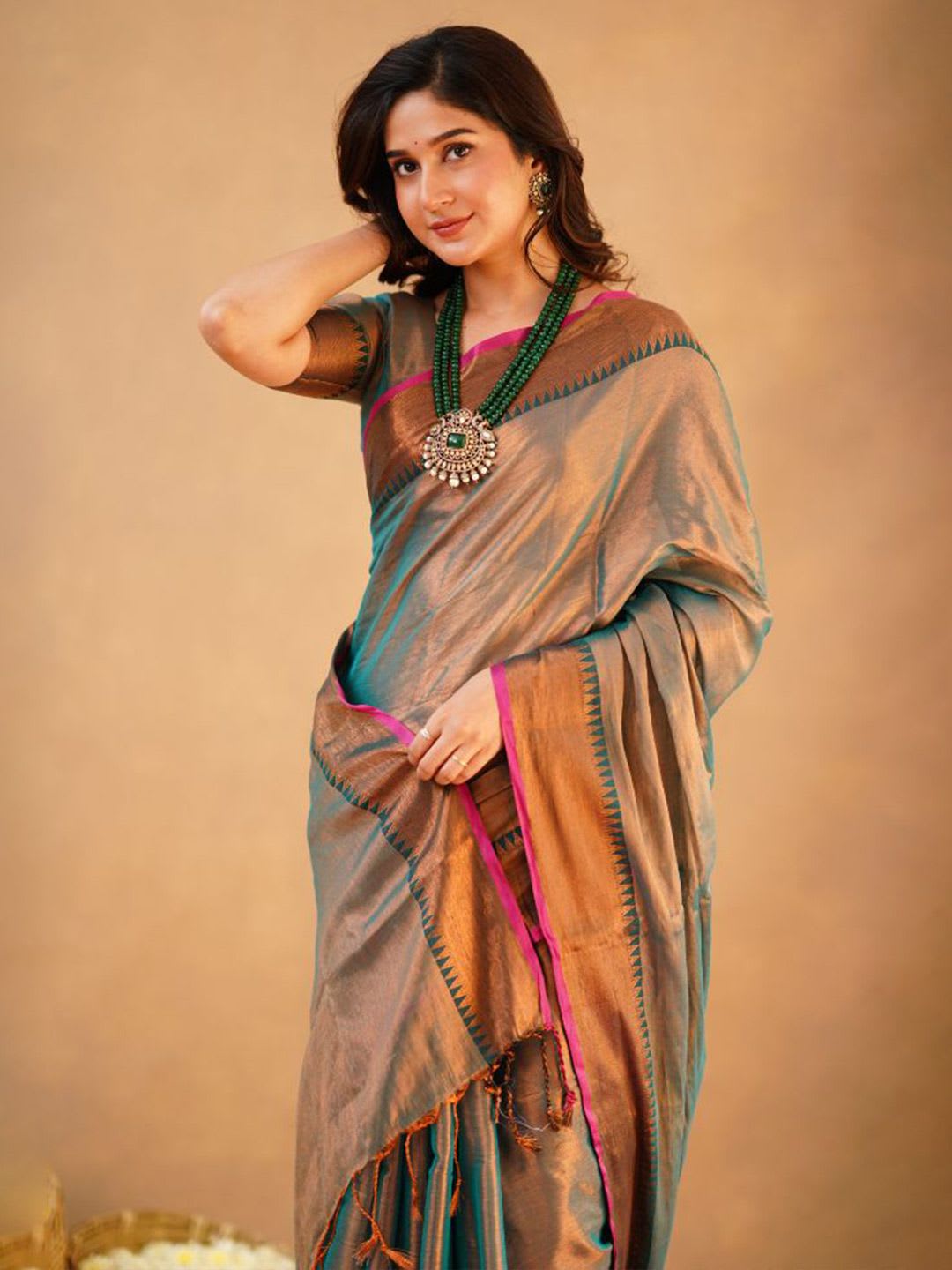 Sutisancha Rama Green Handloom Temple Tissue Saree - right view
