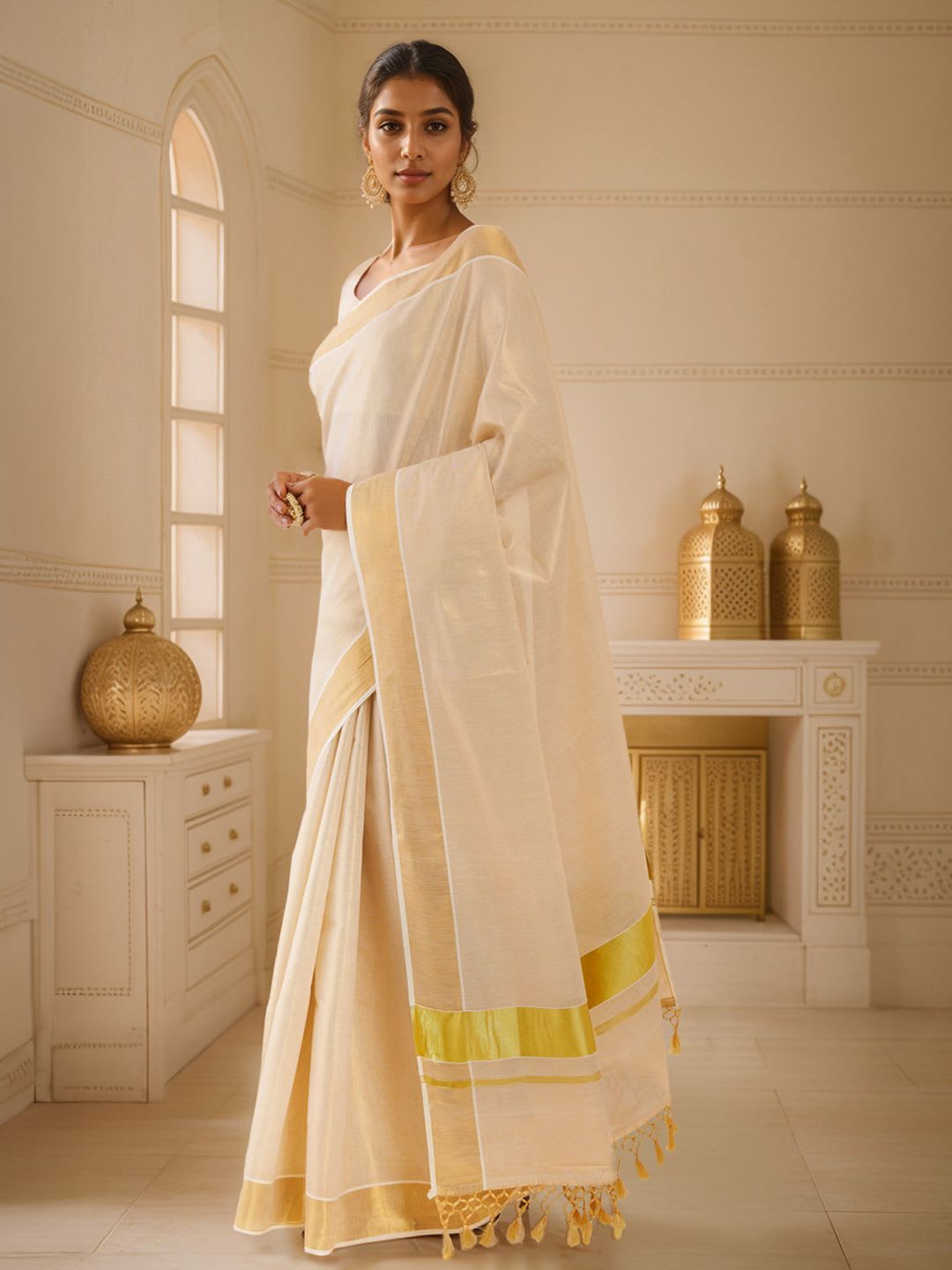 Soch Off White & Gold-Toned Zari Tissue Kasavu Saree - default view