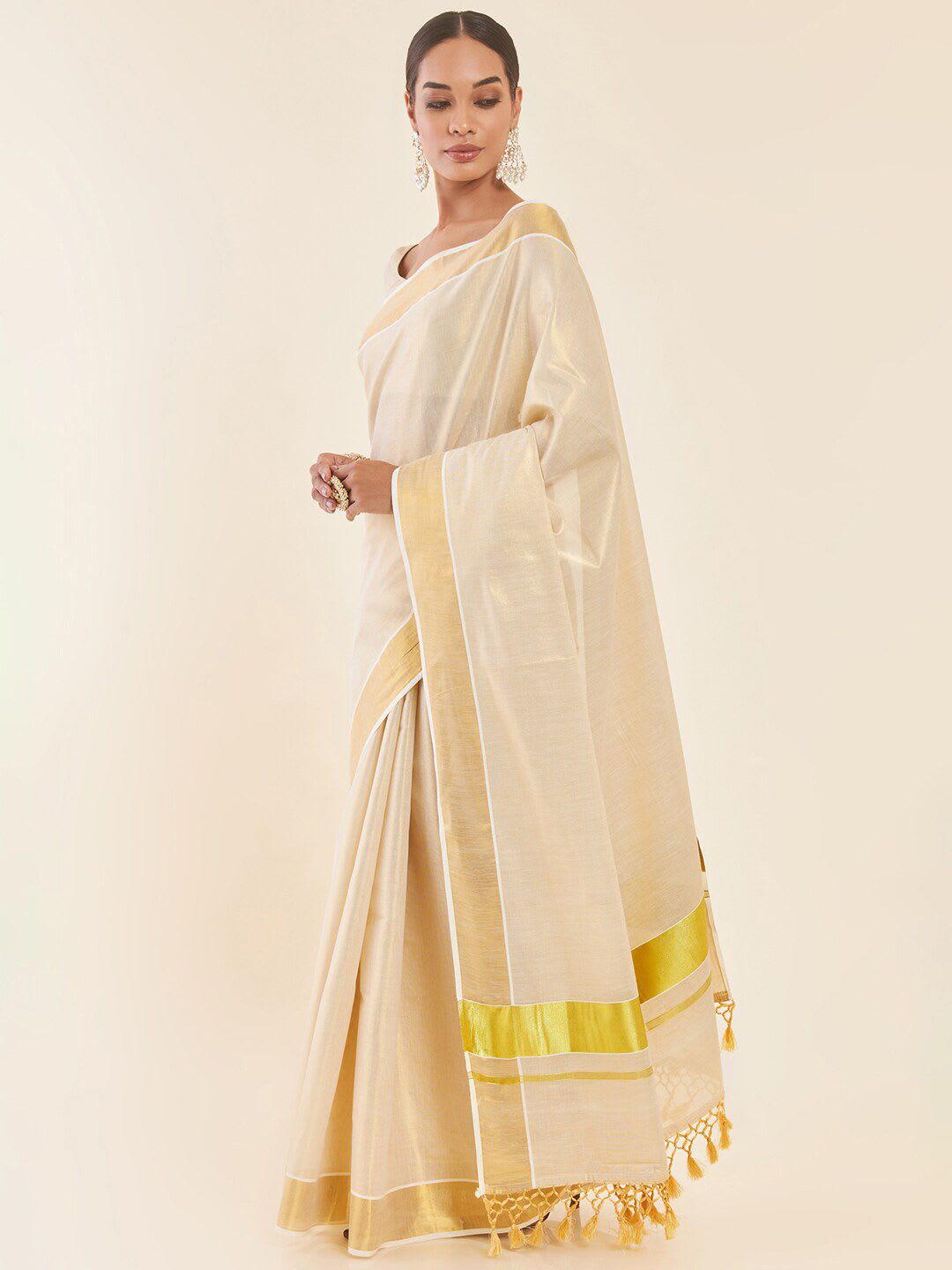 Soch Off White & Gold-Toned Zari Tissue Kasavu Saree - back view