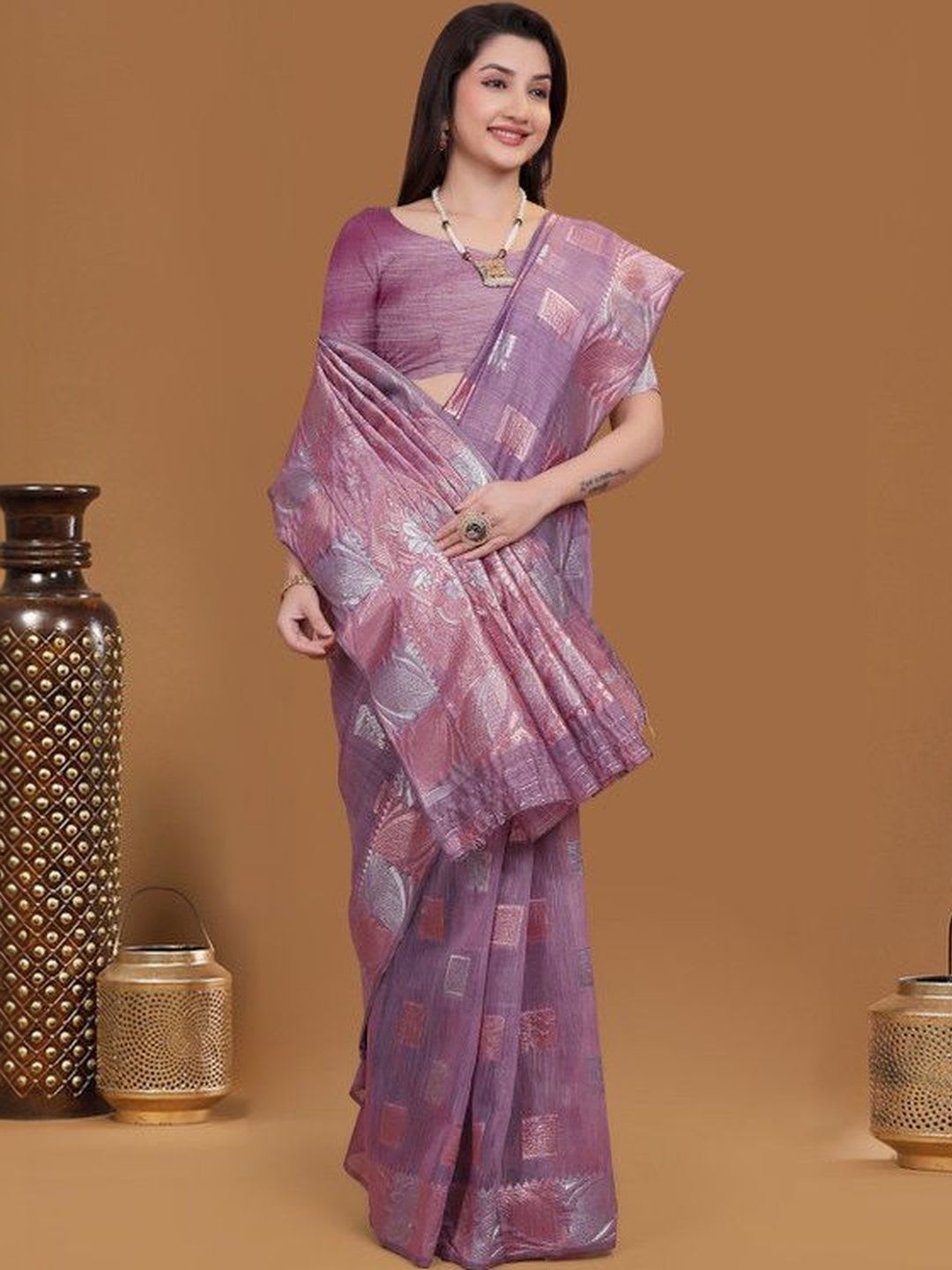 Prisan Women Pink Purple Woven Cotton Saree with Unstitched Blouse - left view