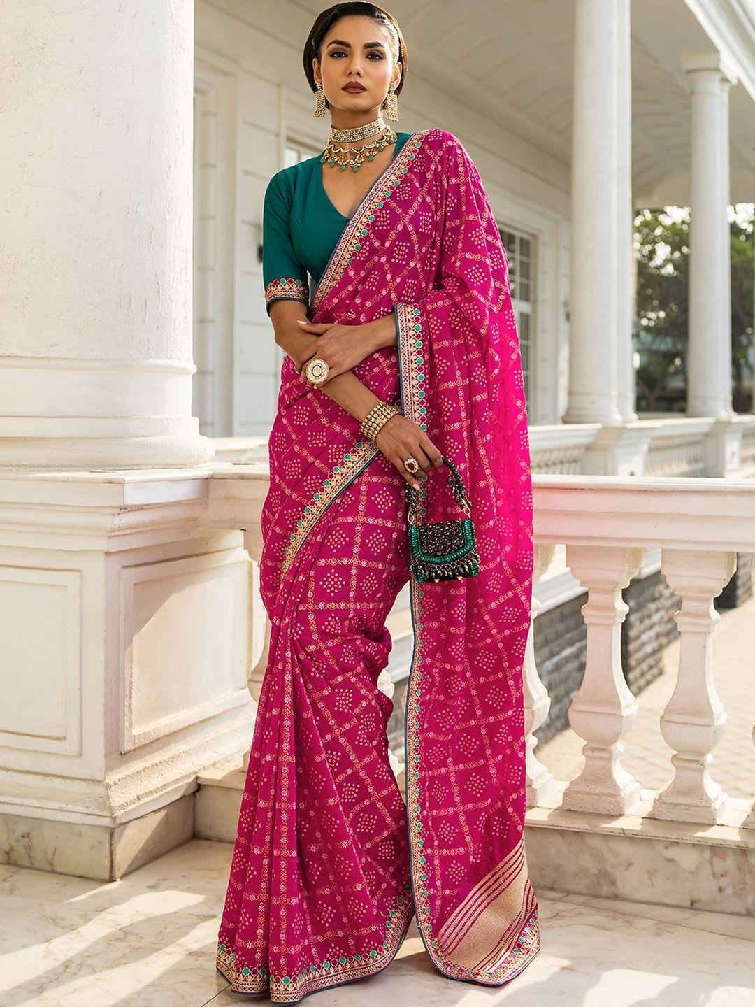Libas Printed Bandhani Saree With Unstitched Blouse Piece - default view