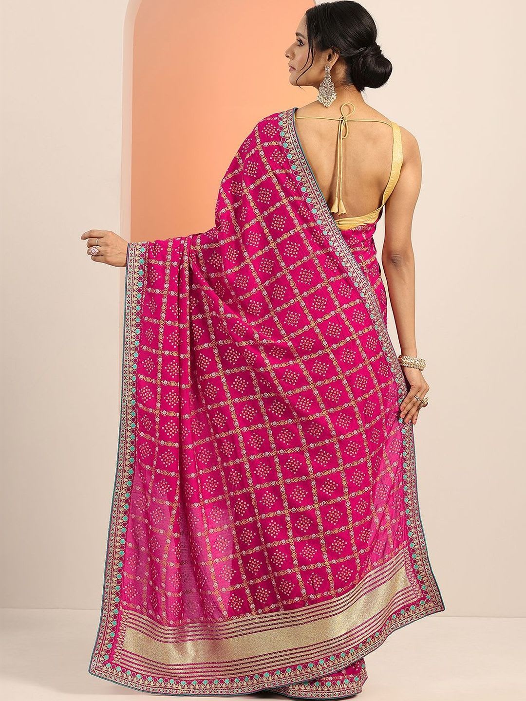 Libas Printed Bandhani Saree With Unstitched Blouse Piece - back view