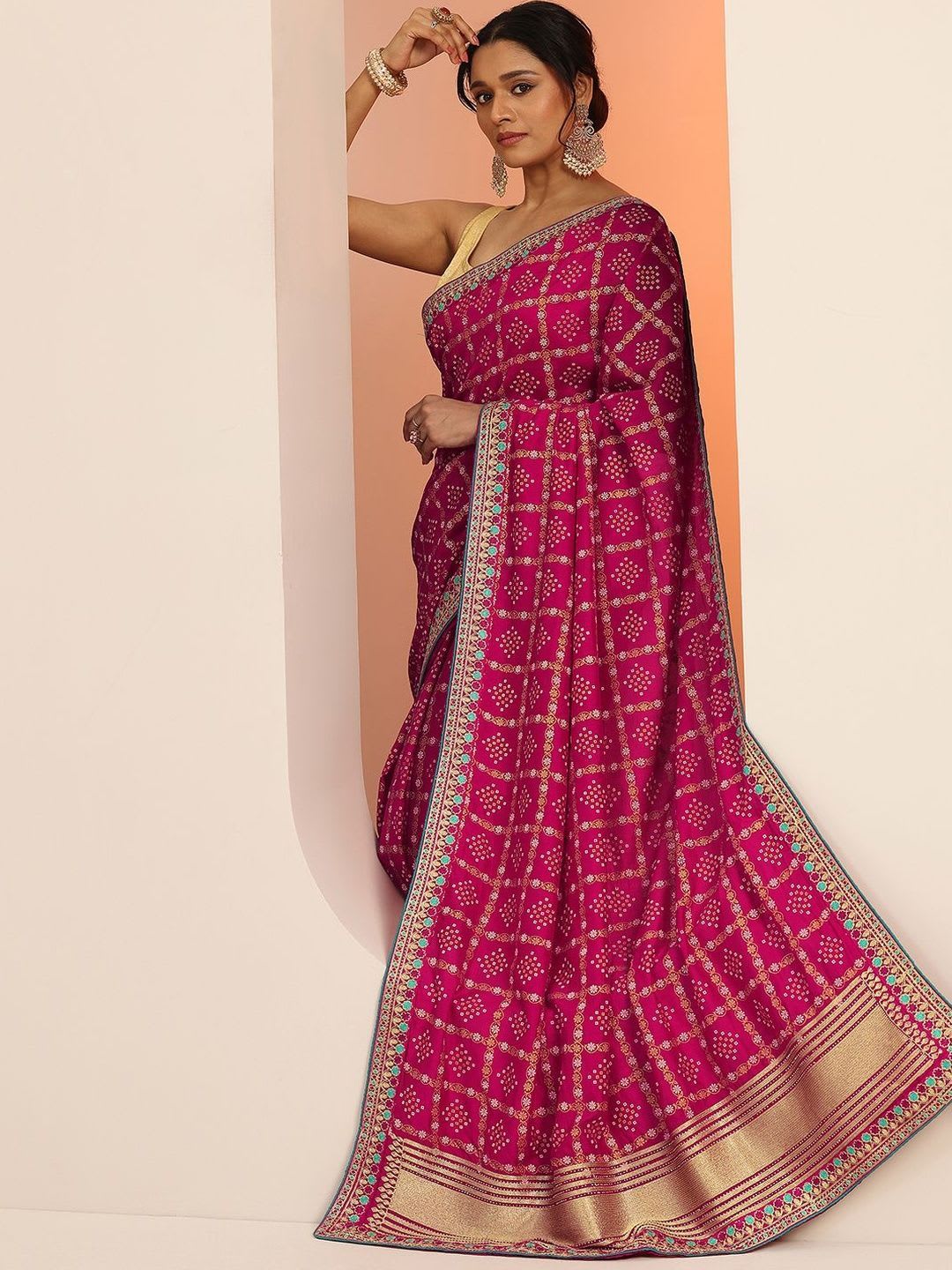 Libas Printed Bandhani Saree With Unstitched Blouse Piece - right view
