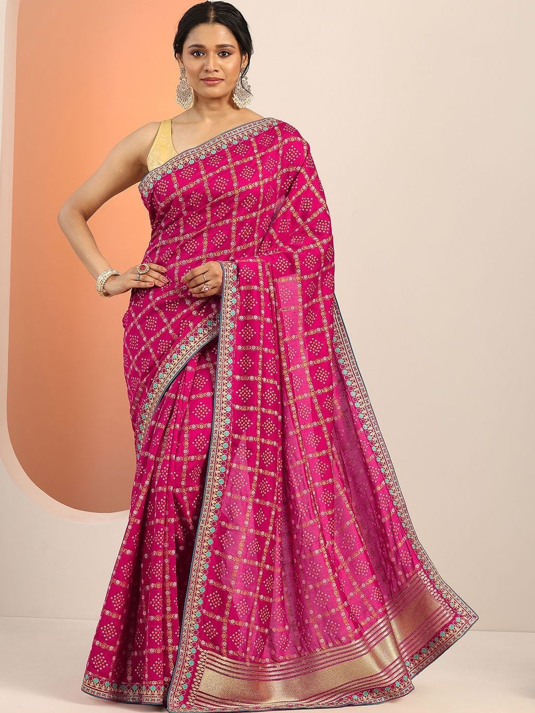 Libas Printed Bandhani Saree With Unstitched Blouse Piece - left view
